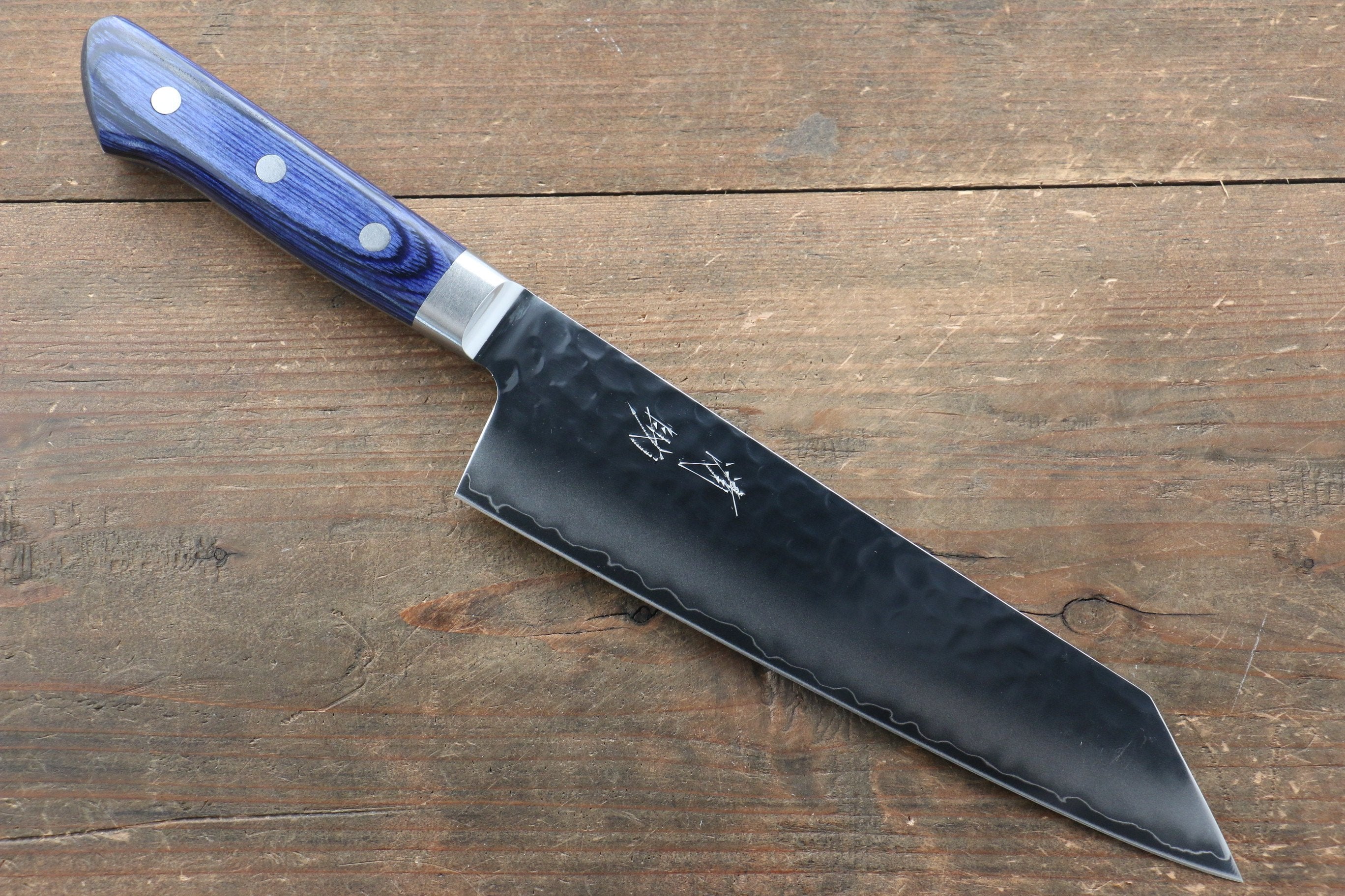 Seisuke Aotsuchi AUS10 Hammered Kiritsuke Santoku 195mm Blue Pakka wood Handle - Japanny - Best Japanese Knife