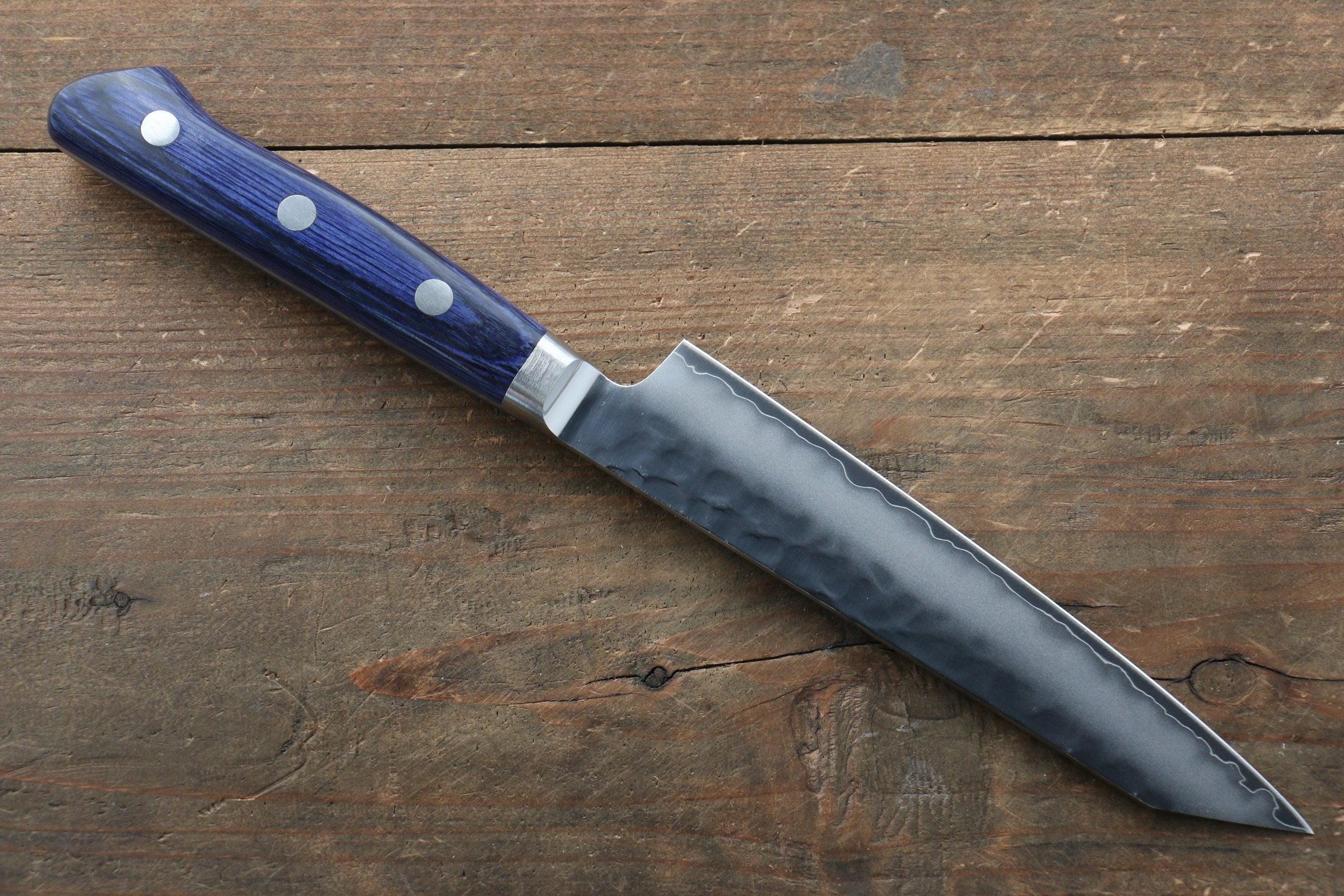 Seisuke Aotsuchi AUS10 Hammered Kiritsuke Petty-Utility 140mm Blue Pakka wood Handle - Japanny - Best Japanese Knife