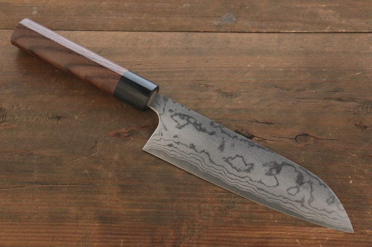Shungo Ogata White Steel No.2 Damascus Migaki Finished Santoku 180mm Shitan Handle - Japanny - Best Japanese Knife