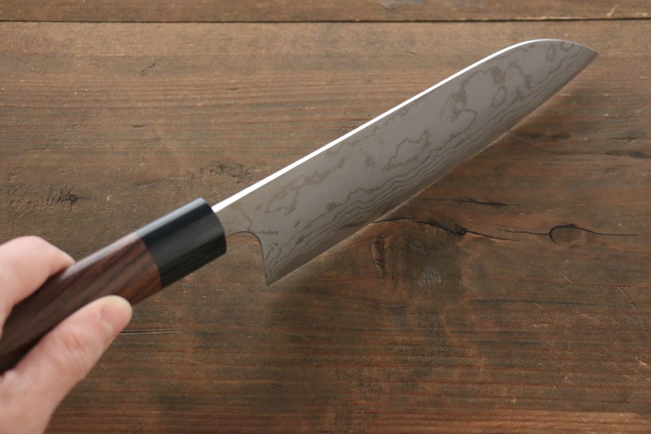Shungo Ogata White Steel No.2 Damascus Migaki Finished Santoku 180mm Shitan Handle - Japanny - Best Japanese Knife