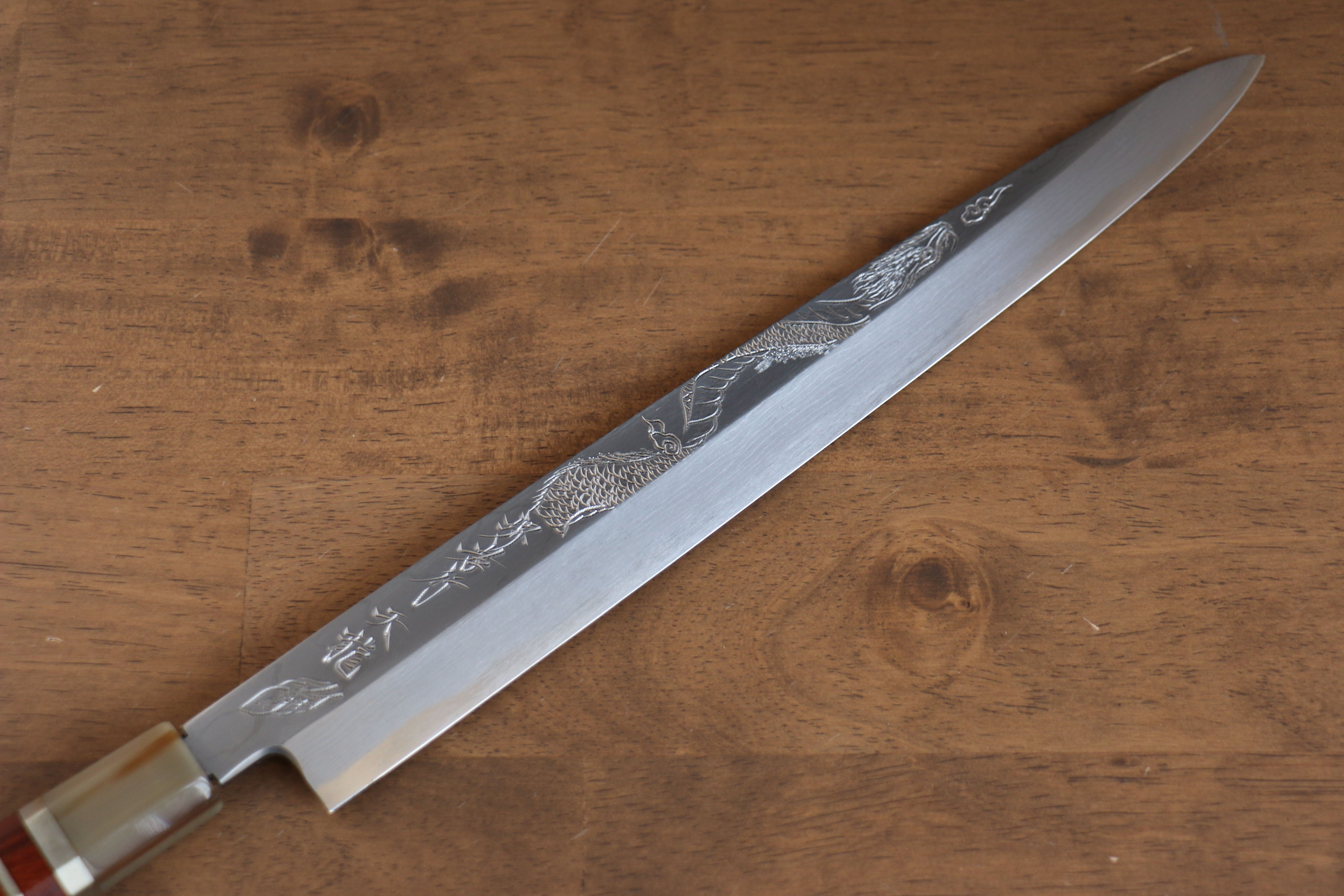 Sakai Takayuki Tenryu Uzushio Blue Steel No.2 Dragon Engraved Yanagiba 300mm Red Ebony Wood Handle with Sheath - Japanny - Best Japanese Knife