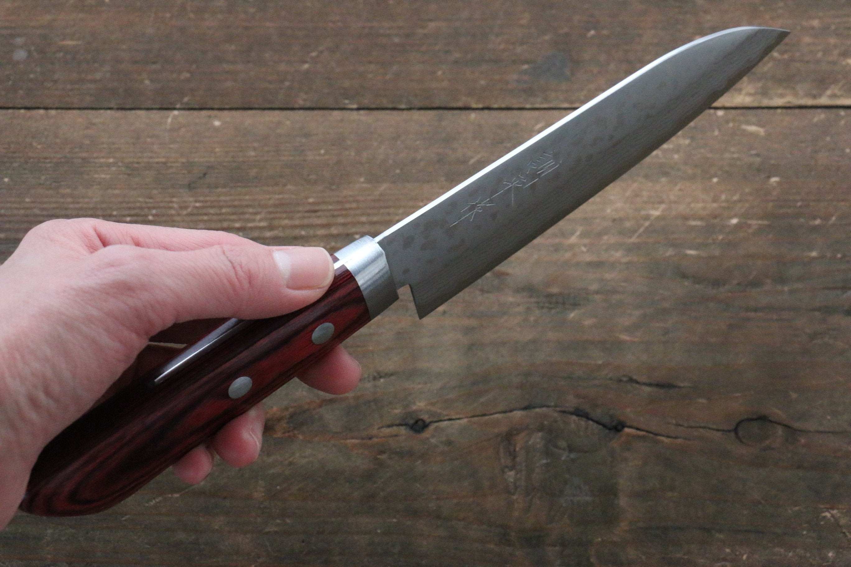 Kunihira Sairyu VG10 Damascus Small Santoku 135mm Red Pakka wood Handle - Japanny - Best Japanese Knife