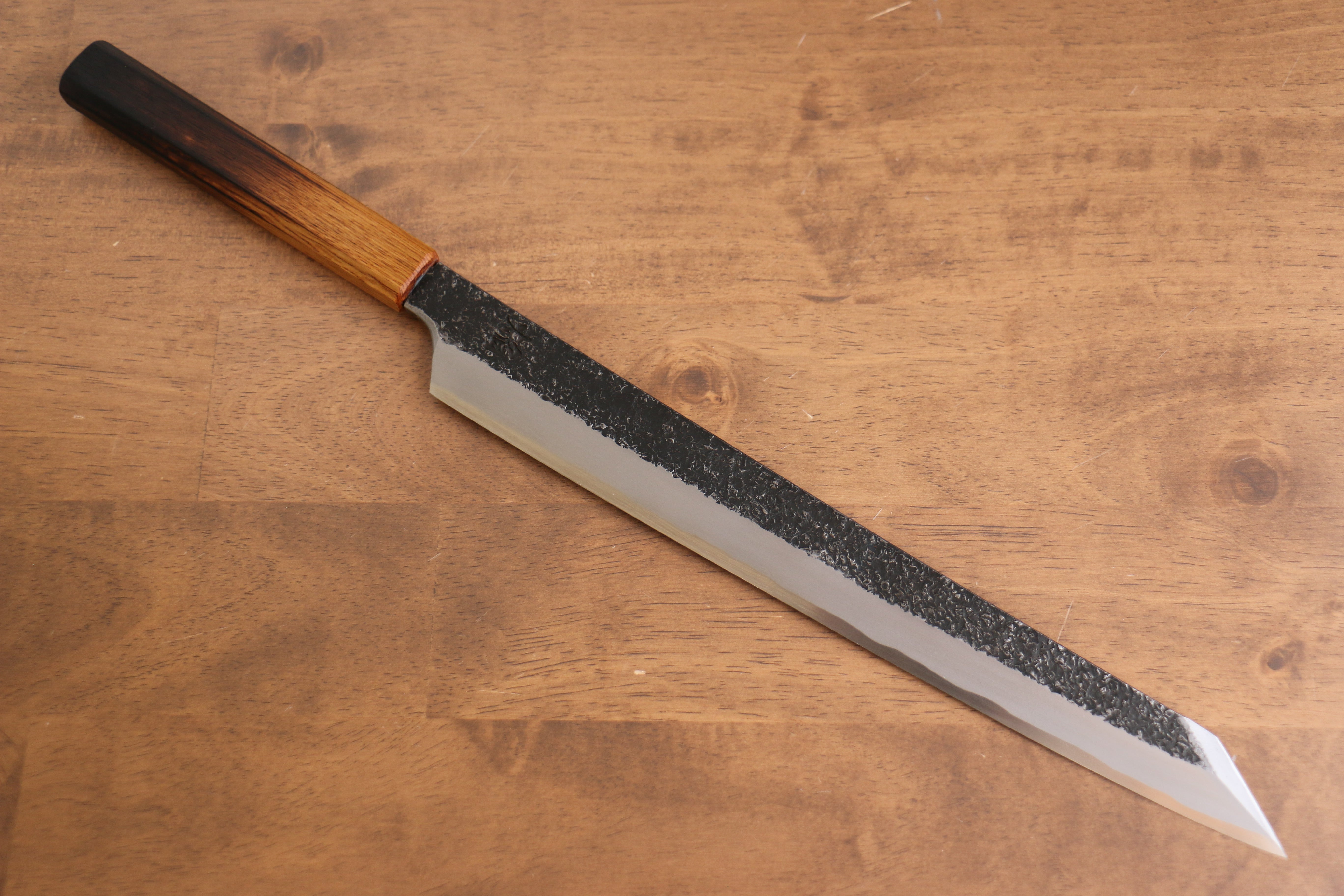 Sakai Takayuki Homura Guren Hien Blue Steel No.2 Kurouchi Hammered Kengata Yanagiba 300mm Burnt Oak Handle - Japanny - Best Japanese Knife