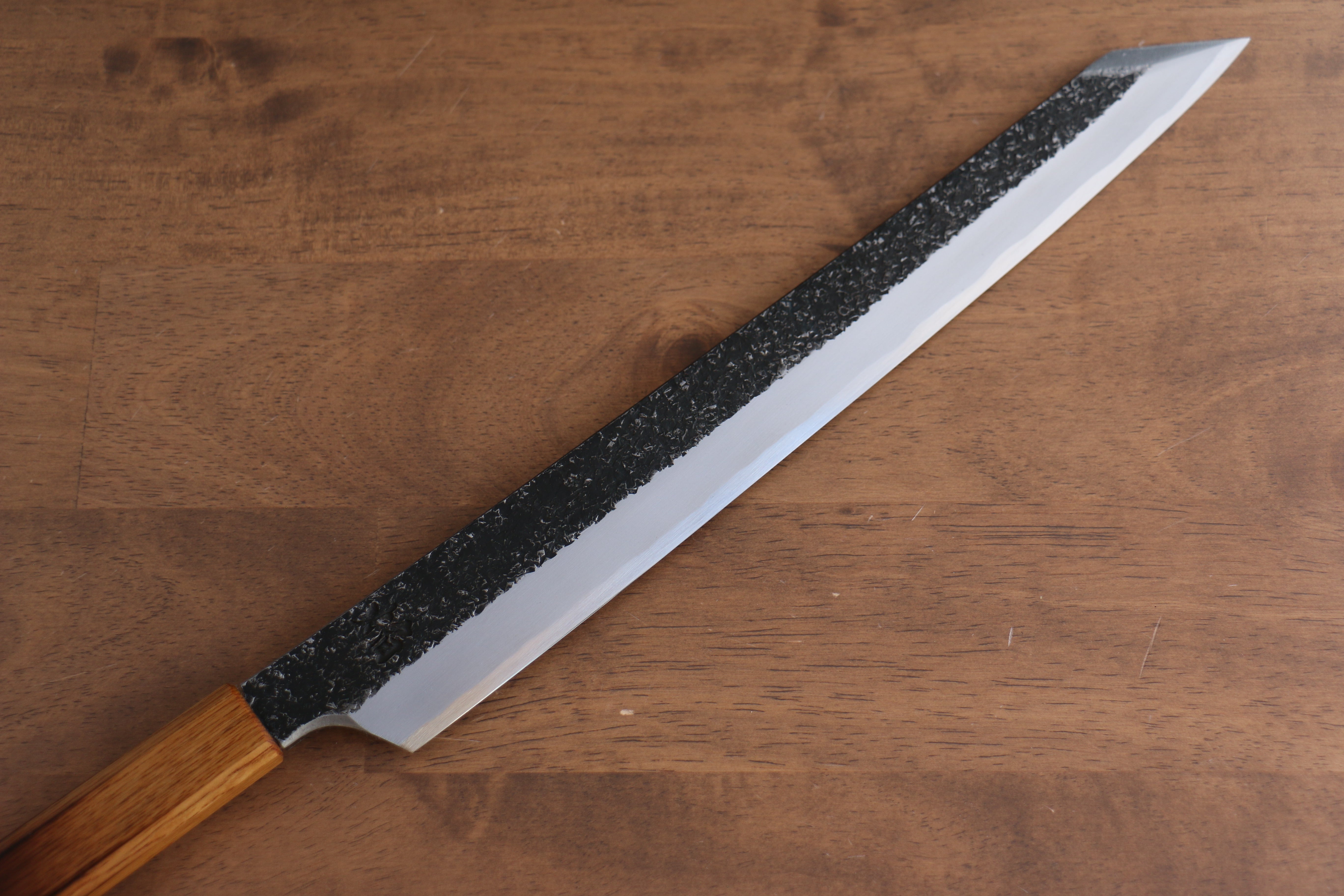 Sakai Takayuki Homura Guren Hien Blue Steel No.2 Kurouchi Hammered Kengata Yanagiba 300mm Burnt Oak Handle - Japanny - Best Japanese Knife