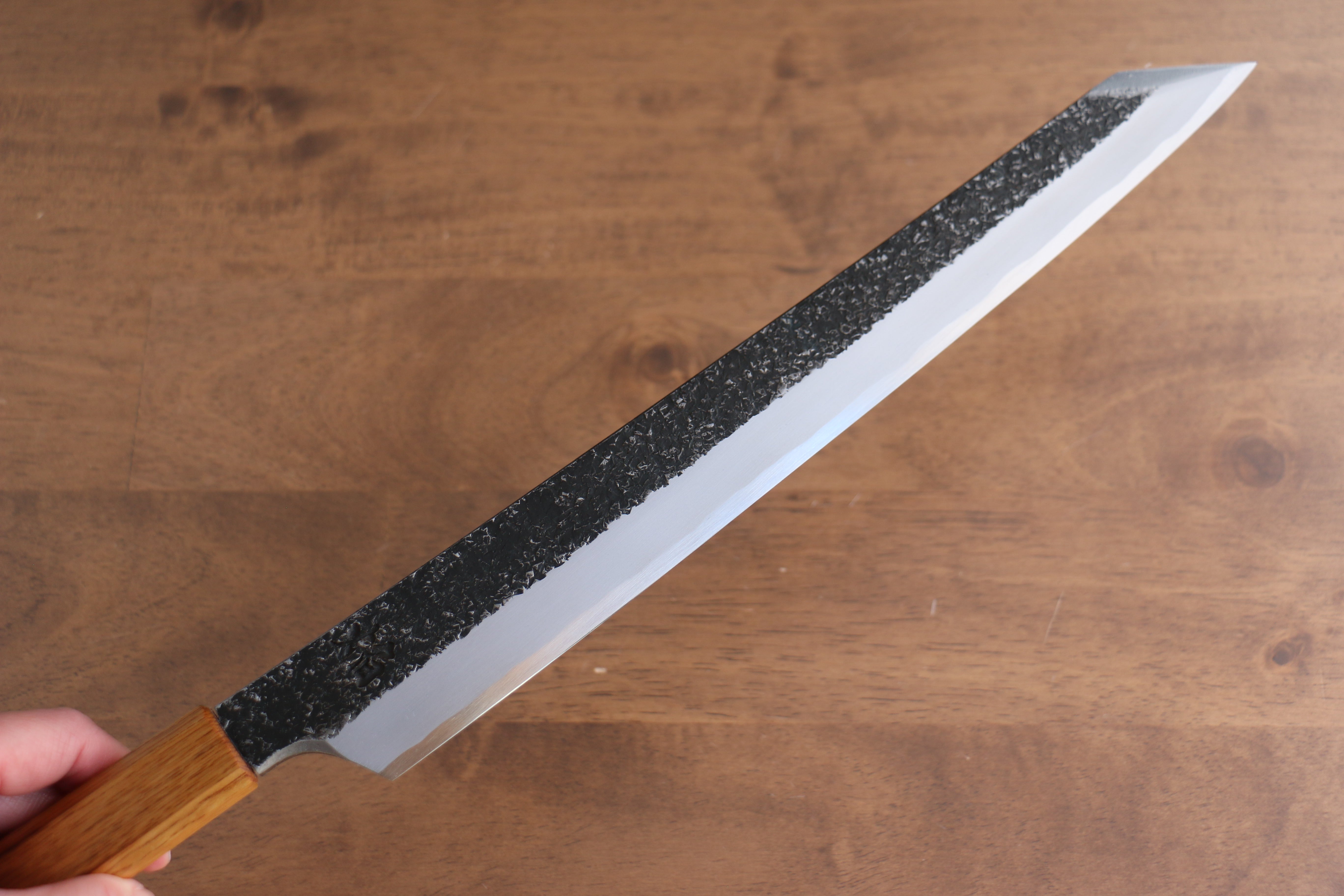 Sakai Takayuki Homura Guren Hien Blue Steel No.2 Kurouchi Hammered Kengata Yanagiba 300mm Burnt Oak Handle - Japanny - Best Japanese Knife