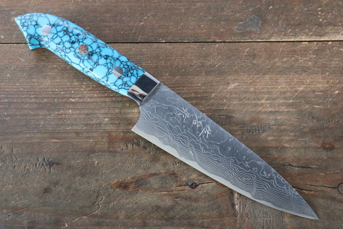 Takeshi Saji R2 Diamond Finish Damascus NNM Japanese Chef's Gyuto Knife  210mm with Blue Turquoise Handle Nomura Special
