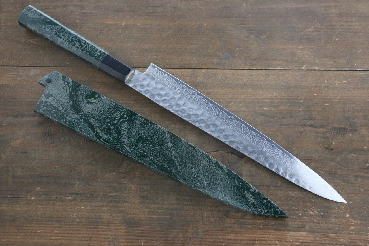 Sakai Takayuki AUS-10 45 Layer Damascus Hammered Sujihiki Japanese Chef Knife 240mm Green Lacquered Handle With Saya - Japanny - Best Japanese Knife