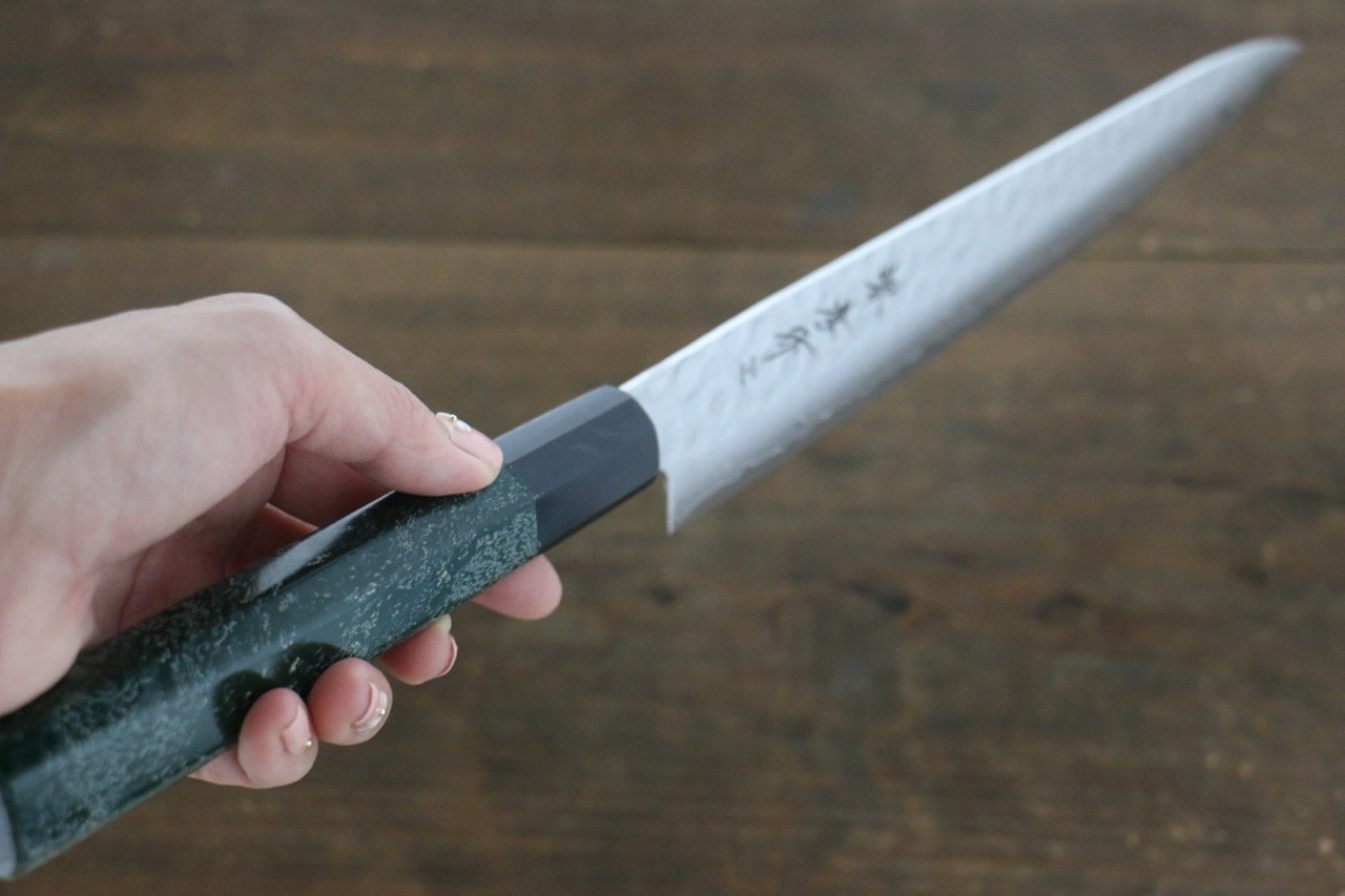Sakai Takayuki AUS-10 45 Layer Damascus Hammered Sujihiki Japanese Chef Knife 240mm Green Lacquered Handle With Saya - Japanny - Best Japanese Knife