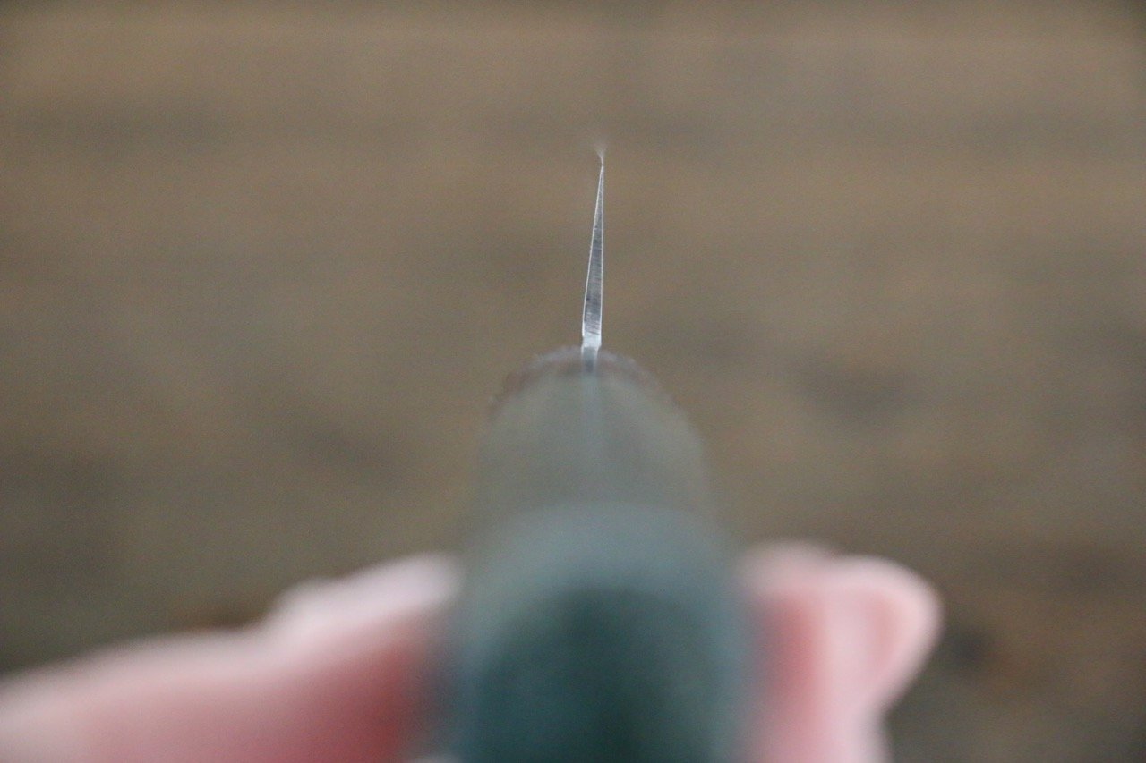 Sakai Takayuki AUS-10 45 Layer Damascus Hammered Sujihiki Japanese Chef Knife 240mm Green Lacquered Handle With Saya - Japanny - Best Japanese Knife