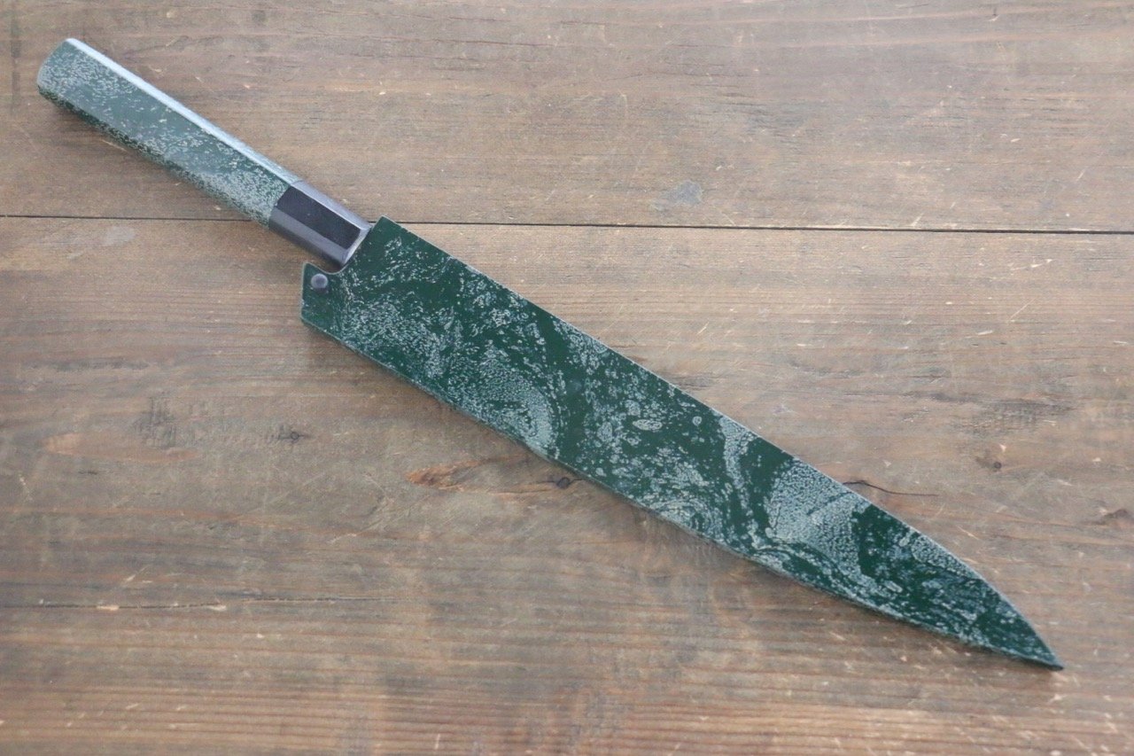 Sakai Takayuki AUS-10 45 Layer Damascus Hammered Sujihiki Japanese Chef Knife 240mm Green Lacquered Handle With Saya - Japanny - Best Japanese Knife