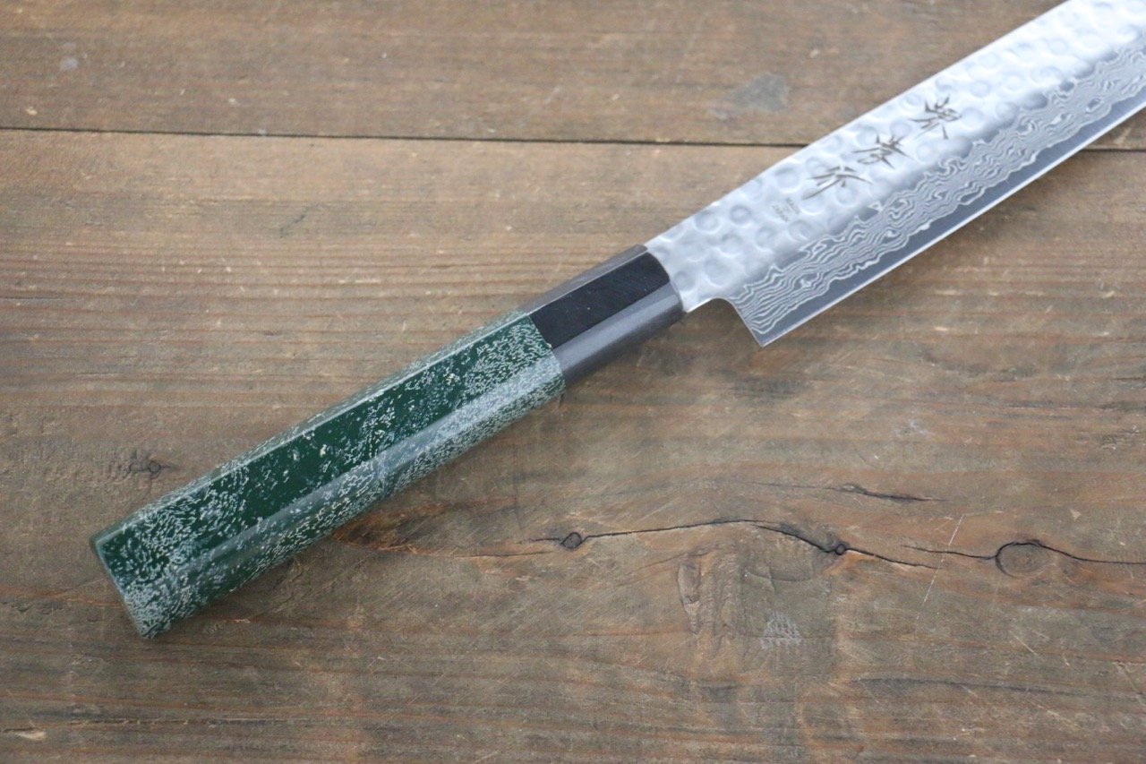 Sakai Takayuki AUS-10 45 Layer Damascus Hammered Sujihiki Japanese Chef Knife 240mm Green Lacquered Handle With Saya - Japanny - Best Japanese Knife