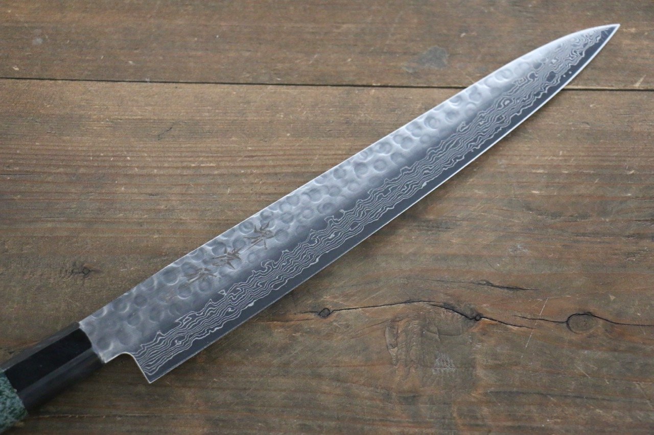 Sakai Takayuki AUS-10 45 Layer Damascus Hammered Sujihiki Japanese Chef Knife 240mm Green Lacquered Handle With Saya - Japanny - Best Japanese Knife