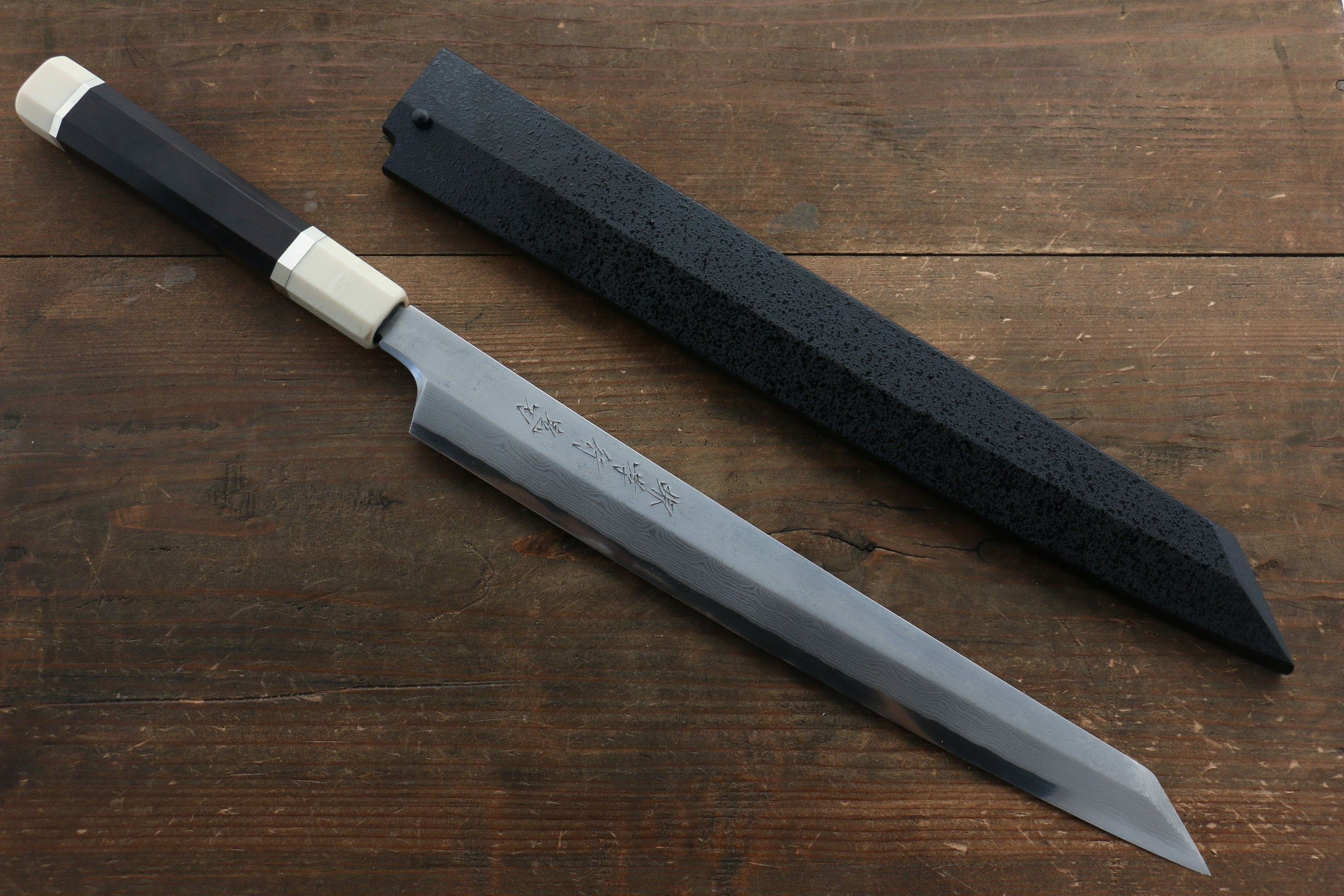 Sakai Takayuki Silver Steel No.3 Damascus Kiritsuke Yanagiba 300mm Ebony with Ring Handle with Sheath - Japanny - Best Japanese Knife