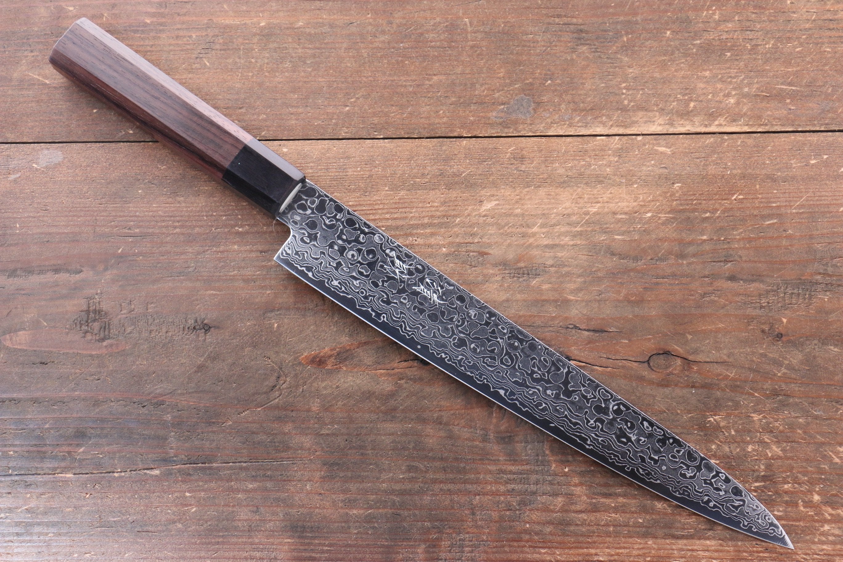 Seisuke AUS10 Damascus Migaki Finished Sujihiki 240mm Rosewood (Ferrule: Black Pakka Wood) Handle - Japanny - Best Japanese Knife