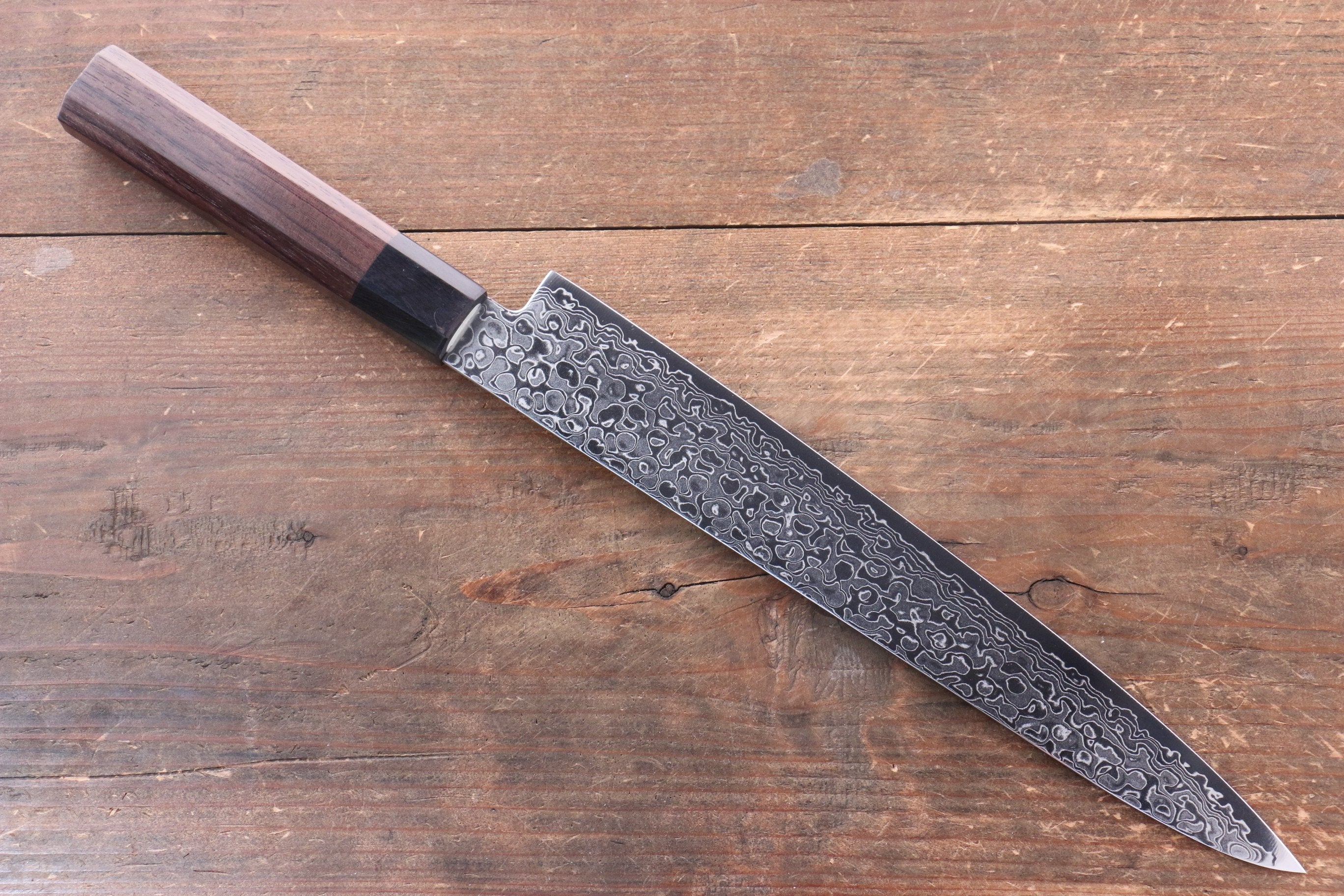Seisuke AUS10 Damascus Migaki Finished Sujihiki 240mm Rosewood (Ferrule: Black Pakka Wood) Handle - Japanny - Best Japanese Knife
