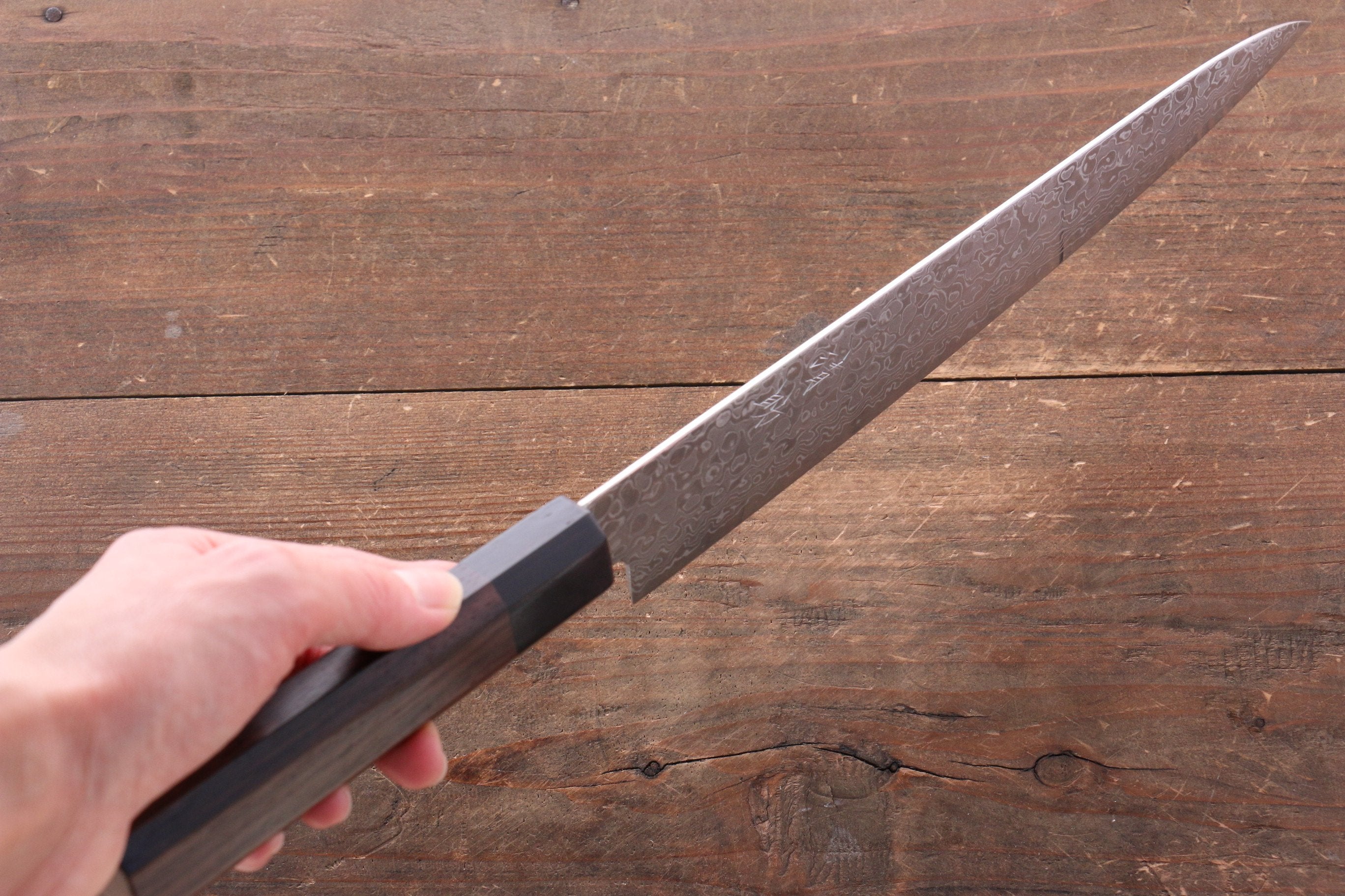 Seisuke AUS10 Damascus Migaki Finished Sujihiki 240mm Rosewood (Ferrule: Black Pakka Wood) Handle - Japanny - Best Japanese Knife