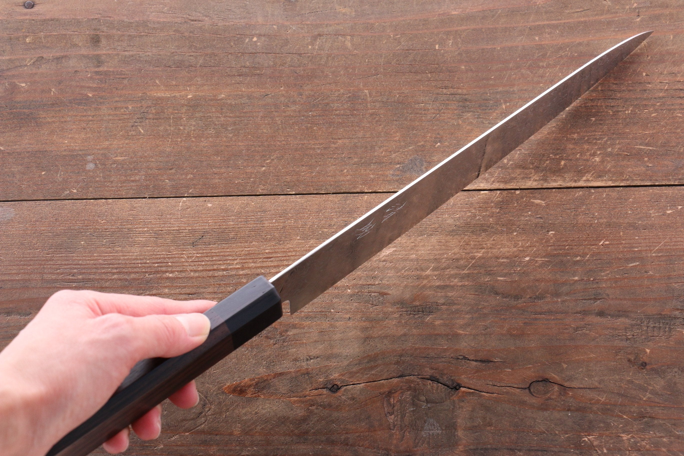 Seisuke AUS10 Damascus Migaki Finished Sujihiki 240mm Rosewood (Ferrule: Black Pakka Wood) Handle - Japanny - Best Japanese Knife