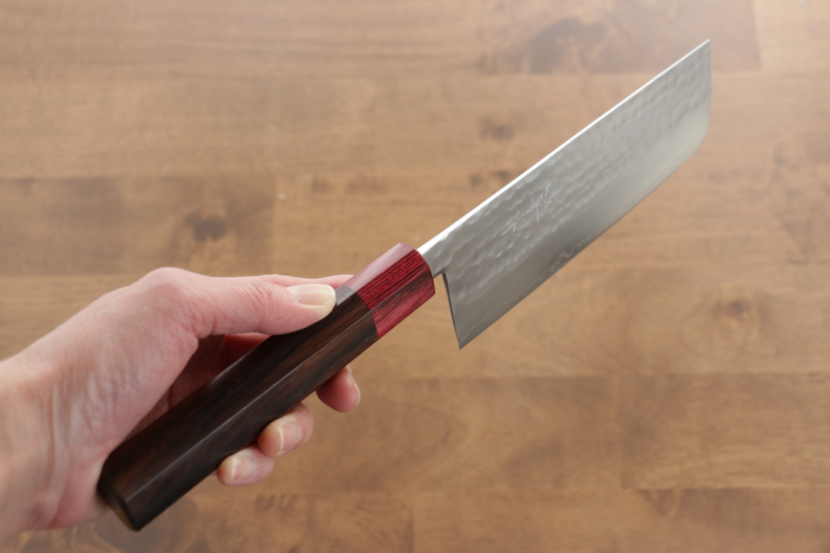 Kunihira VG1 Hammered Nakiri 165mm Shitan (ferrule: Red Pakka wood) Handle - Japanny - Best Japanese Knife