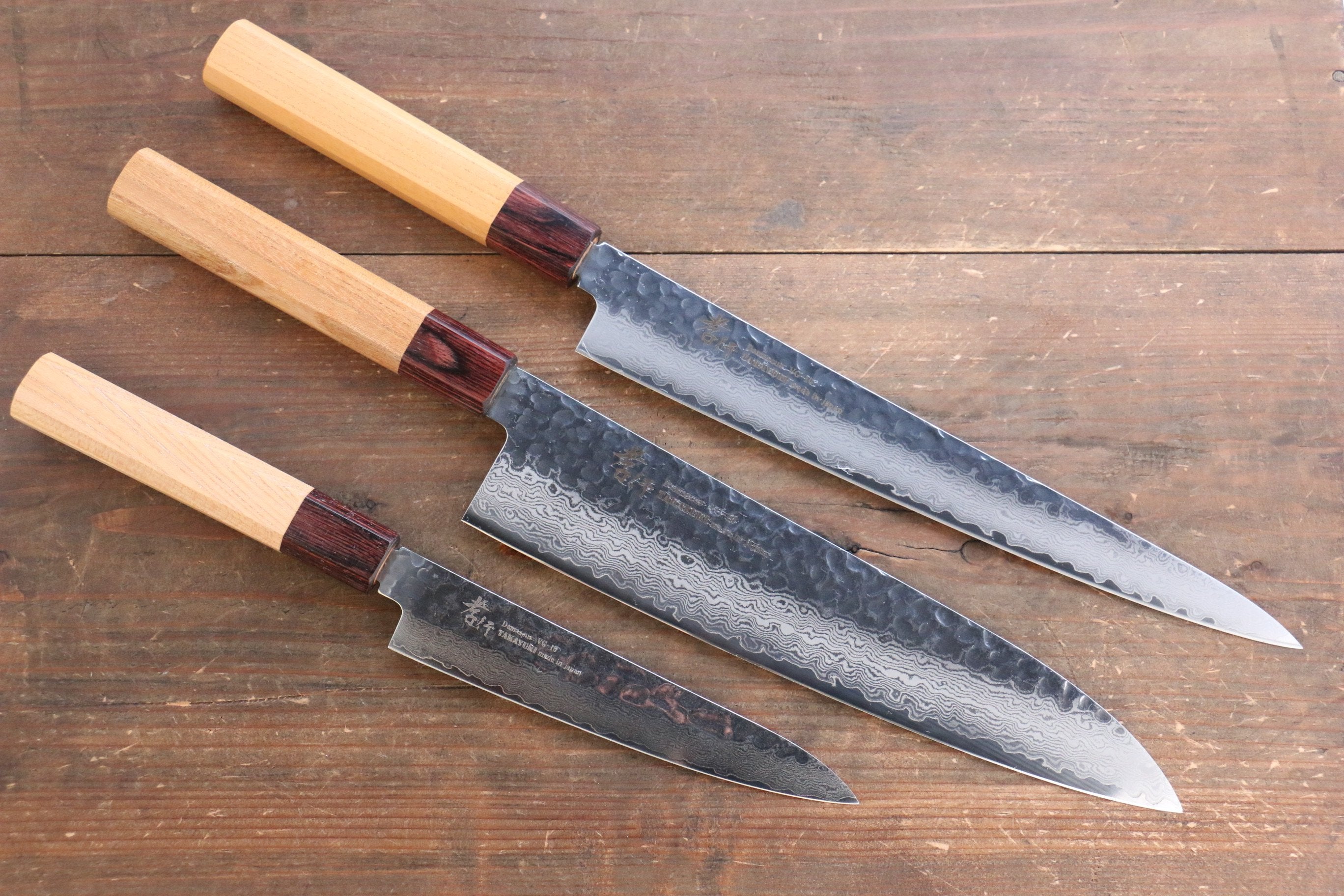 Sakai Takayuki VG10 33 Layer Damascus Japanese Chef Knife Sujihiki 240mm, Gyuto 240mm& Petty 150mm Set with Keyaki Handle(Japanese Elm) - Japanny - Best Japanese Knife