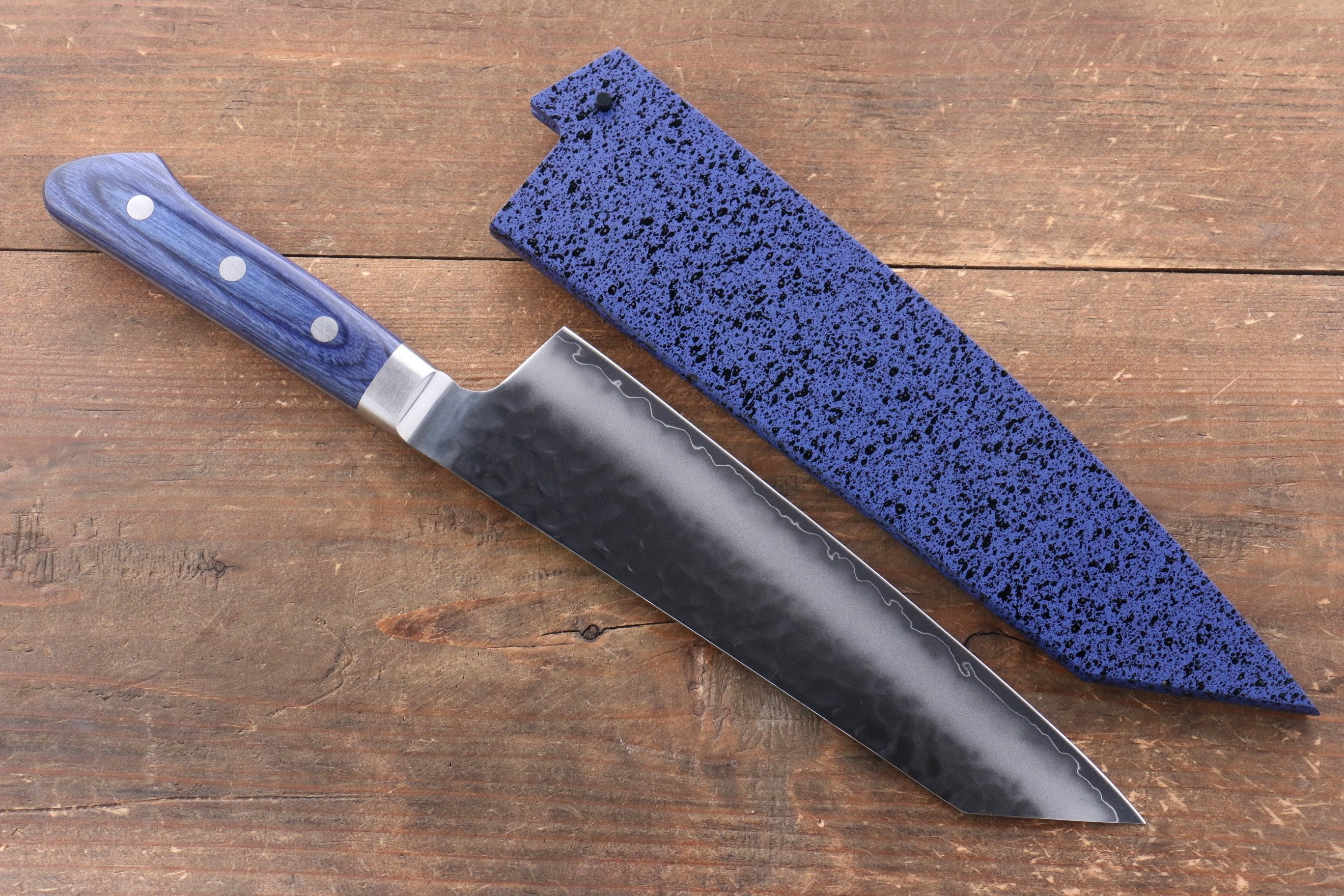 Seisuke Aotsuchi AUS10 Hammered Kiritsuke Santoku 195mm Blue Pakka wood Handle with Sheath - Japanny - Best Japanese Knife