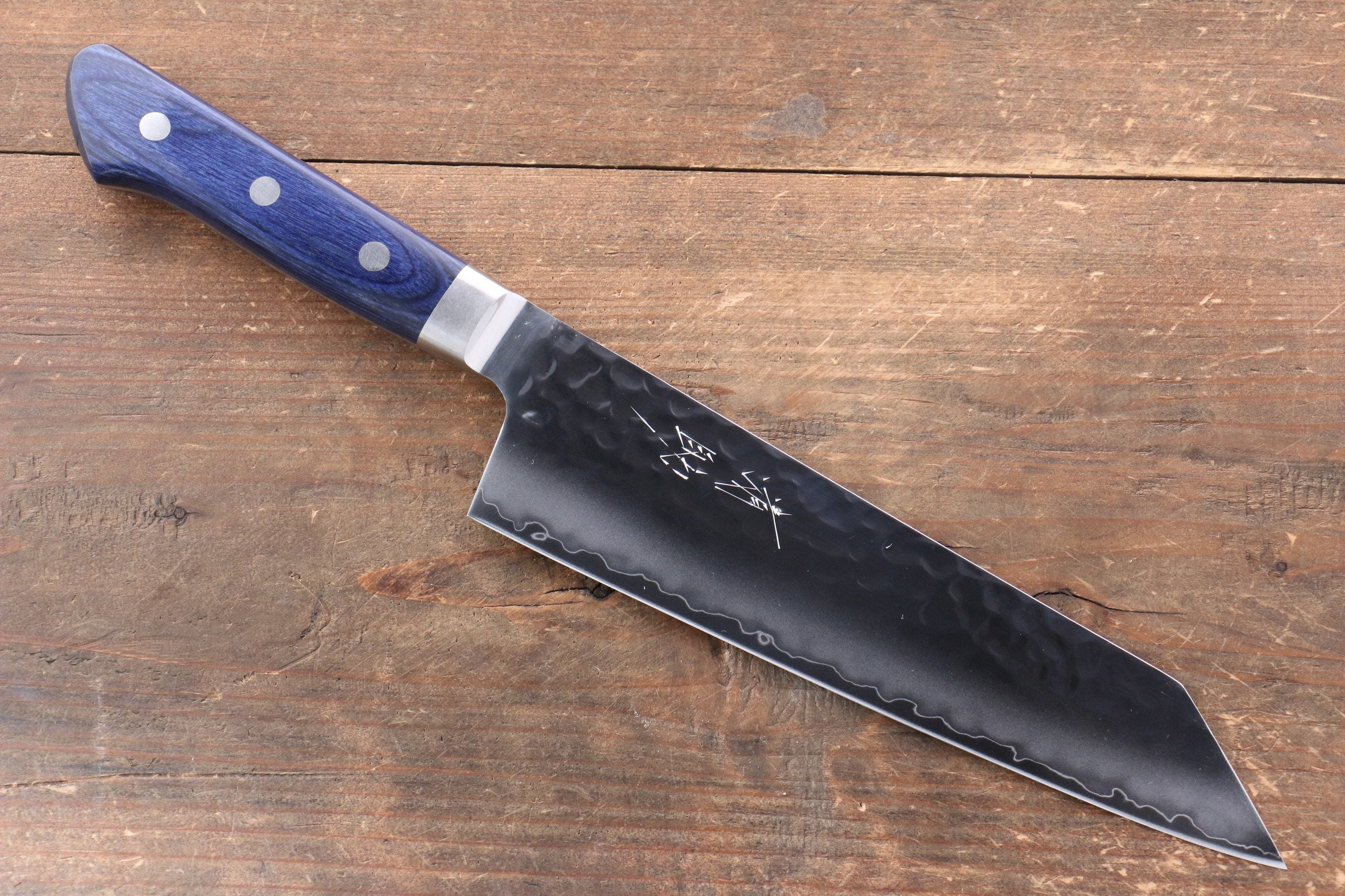 Seisuke Aotsuchi AUS10 Hammered Kiritsuke Santoku 195mm Blue Pakka wood Handle with Sheath - Japanny - Best Japanese Knife