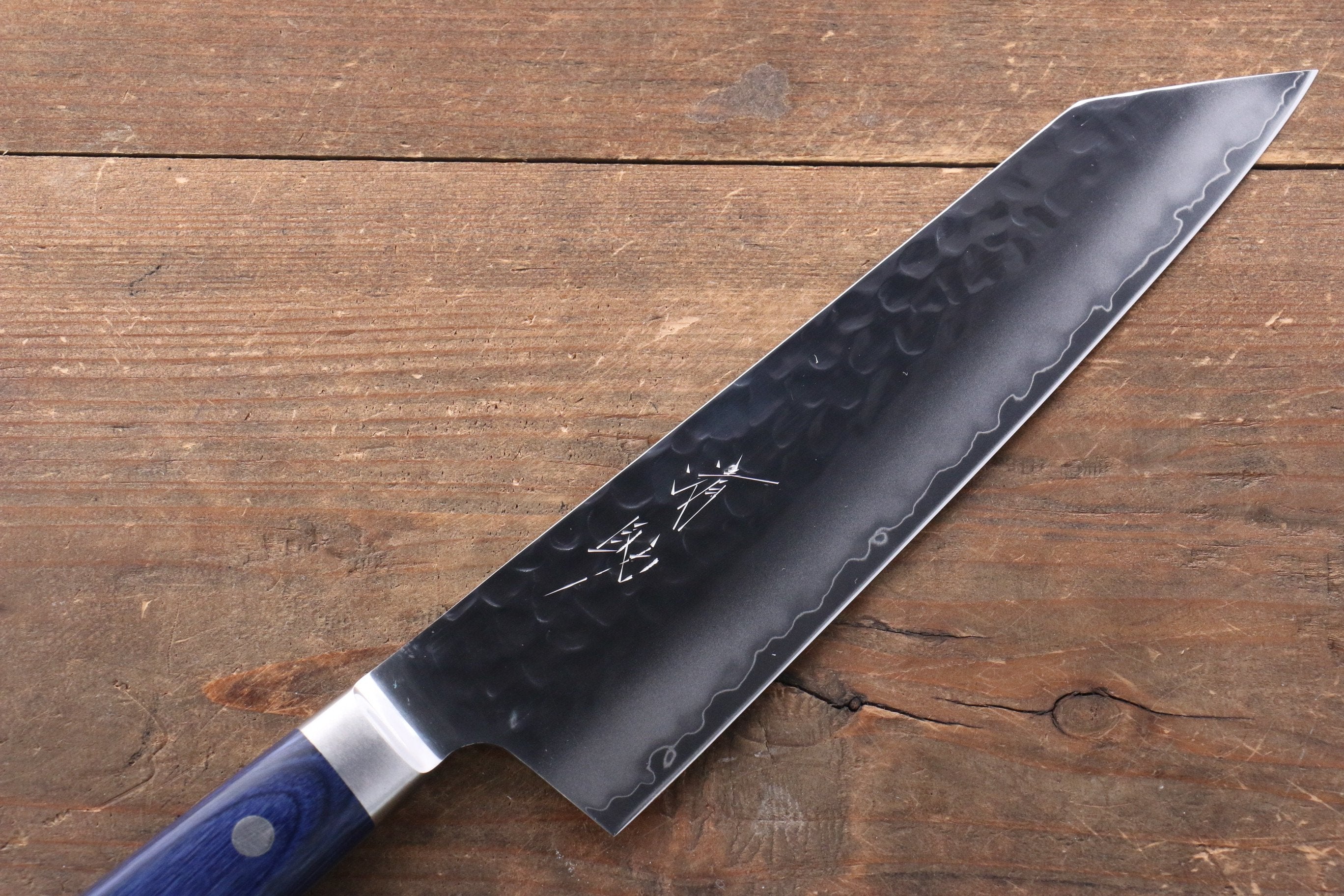 Seisuke Aotsuchi AUS10 Hammered Kiritsuke Santoku 195mm Blue Pakka wood Handle with Sheath - Japanny - Best Japanese Knife