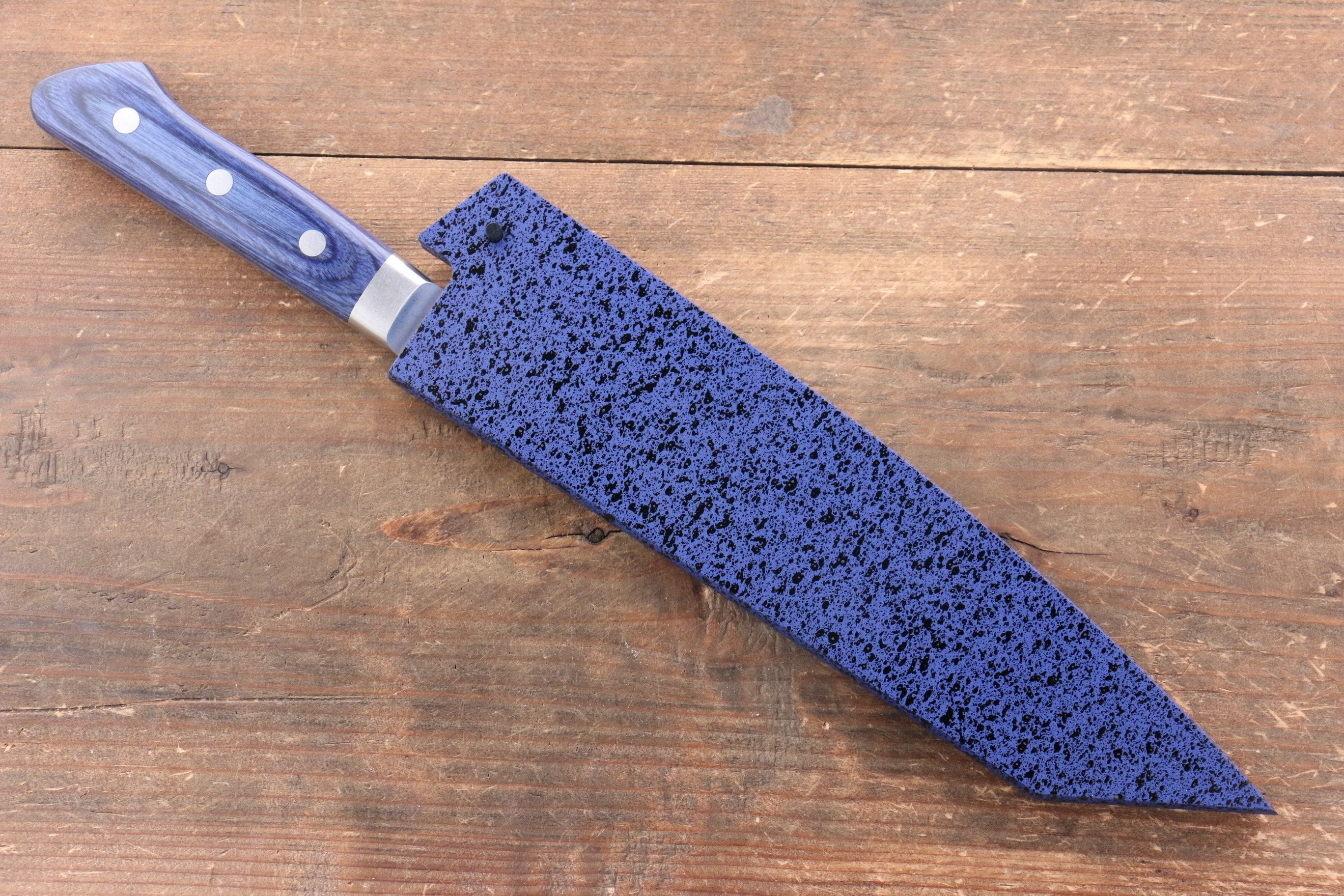 Seisuke Aotsuchi AUS10 Hammered Kiritsuke Santoku 195mm Blue Pakka wood Handle with Sheath - Japanny - Best Japanese Knife