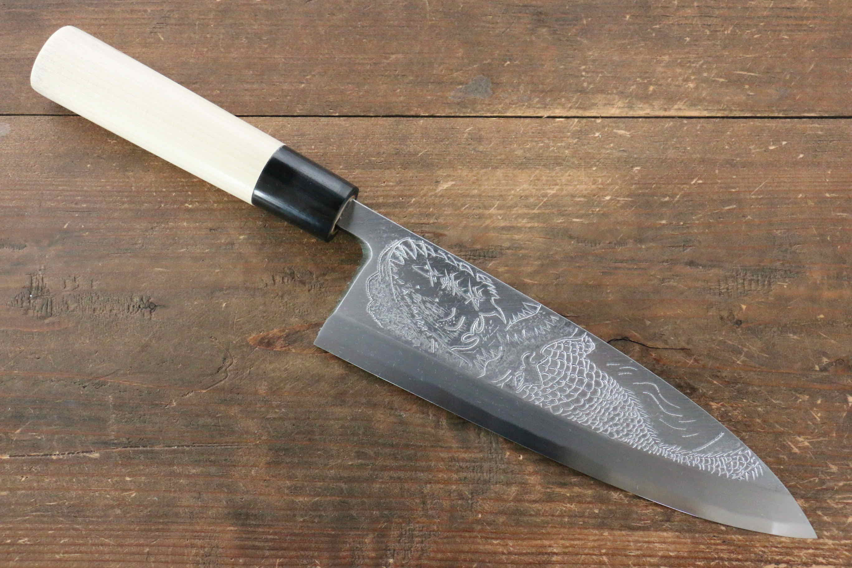 Sakai Takayuki Kasumitogi White Steel Crocodile engraving Deba Magnolia Handle - Japanny - Best Japanese Knife