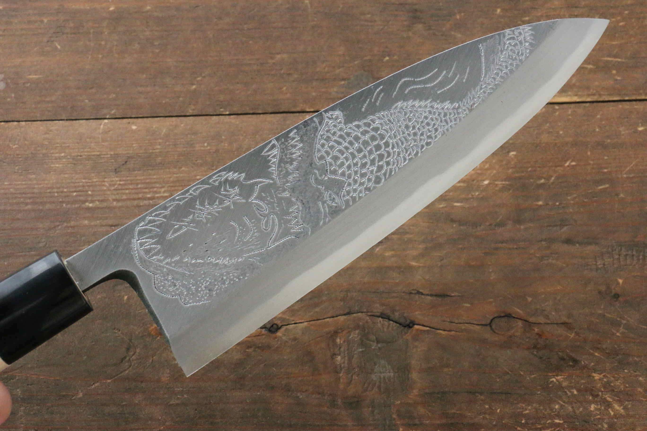 Sakai Takayuki Kasumitogi White Steel Crocodile engraving Deba Magnolia Handle - Japanny - Best Japanese Knife