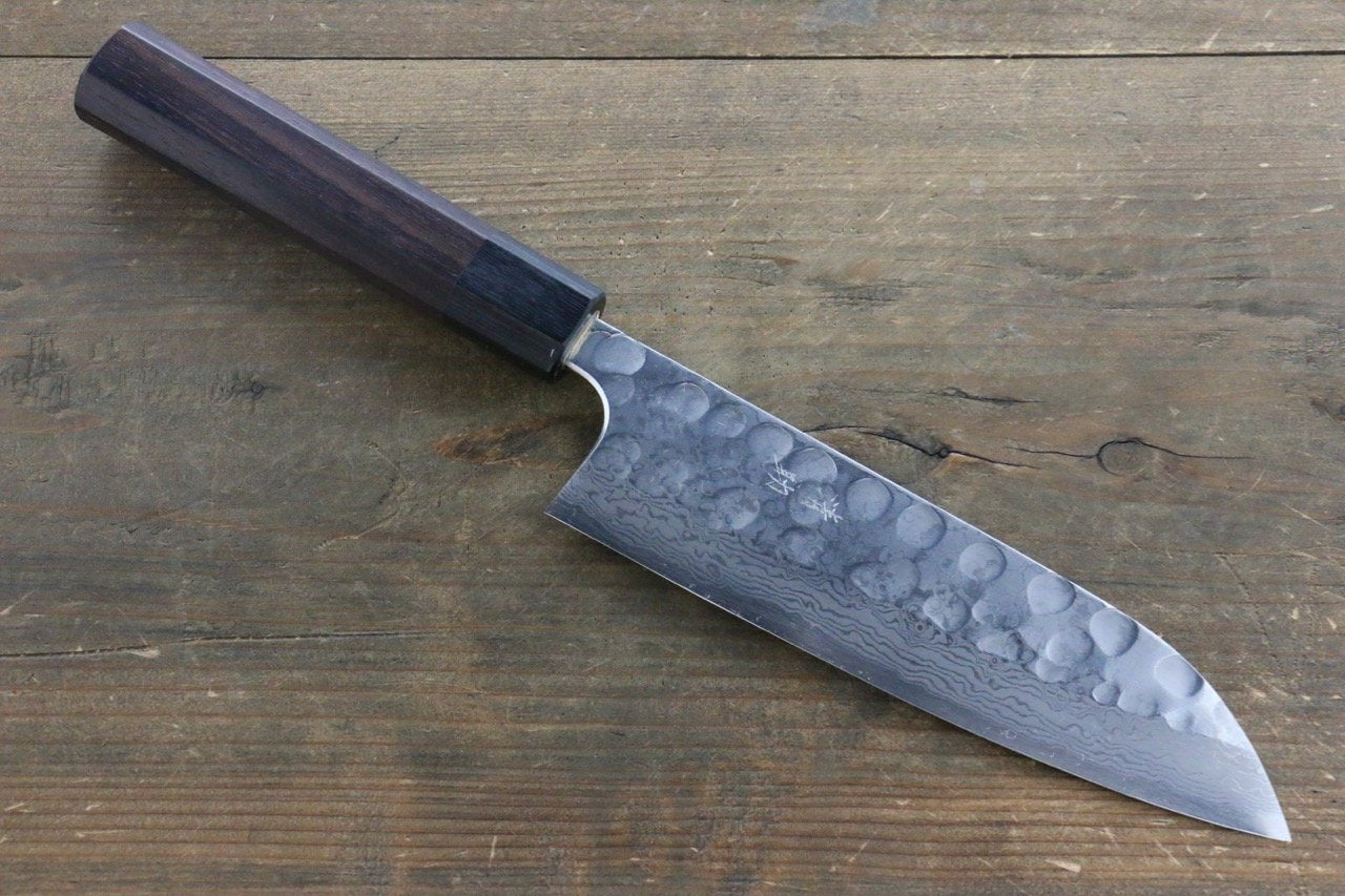 Seisuke Blue Steel No.2 Hammered Damascus Santoku 180mm Shitan Handle - Japanny - Best Japanese Knife
