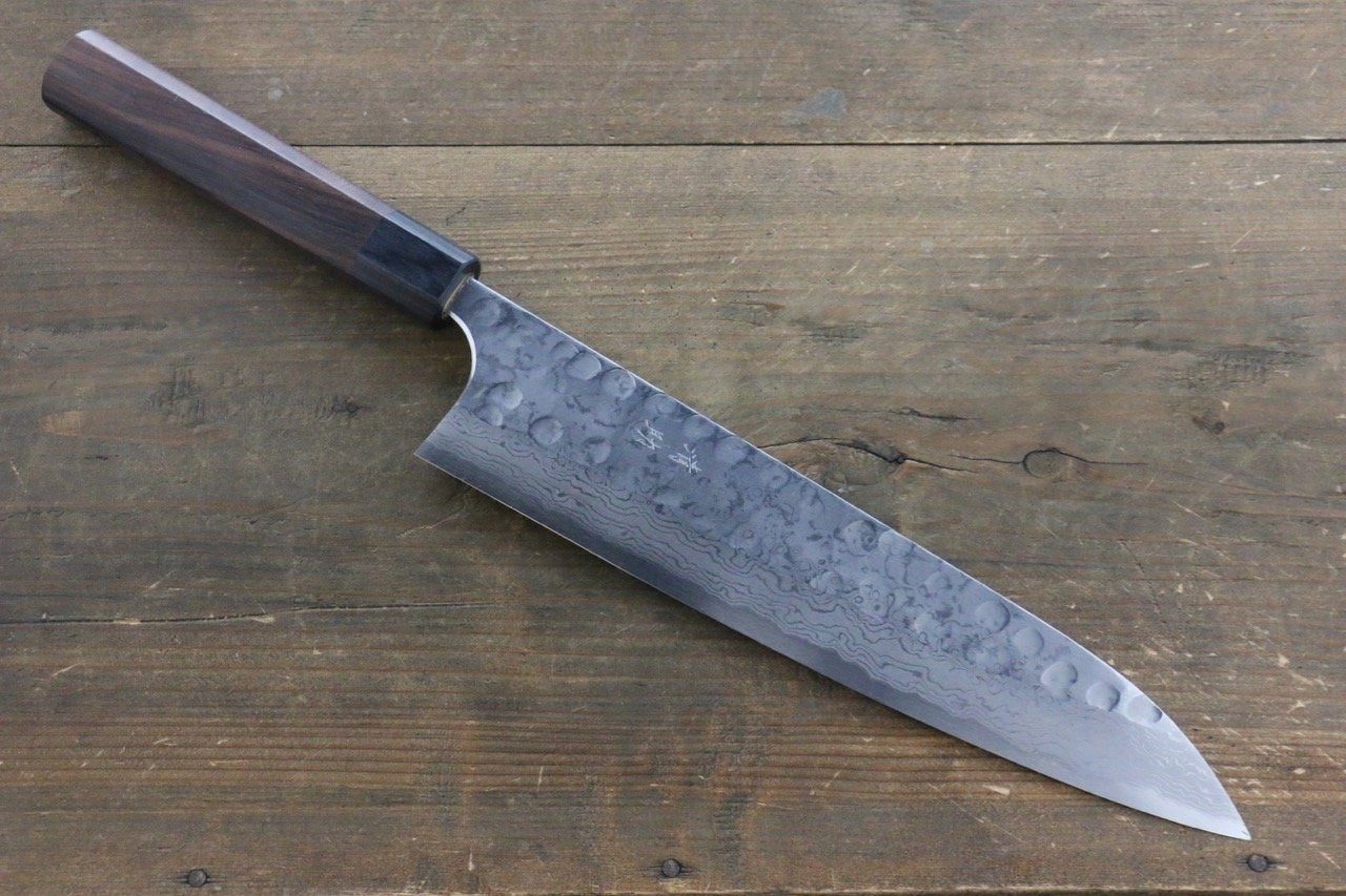 Seisuke Blue Steel No.2 Hammered Damascus Gyuto 240mm Shitan Handle - Japanny - Best Japanese Knife