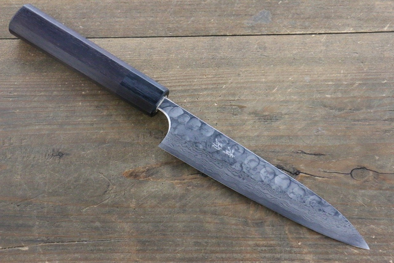 Seisuke Blue Steel No.2 Hammered Damascus Petty-Utility 150mm Shitan Handle - Japanny - Best Japanese Knife