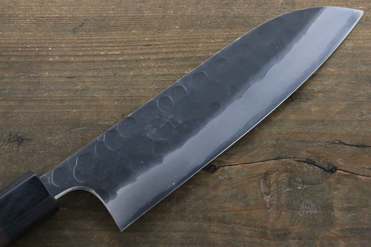 Seisuke Blue Steel No.2 Hammered Kurouchi Santoku 180mm Shitan Handle - Japanny - Best Japanese Knife