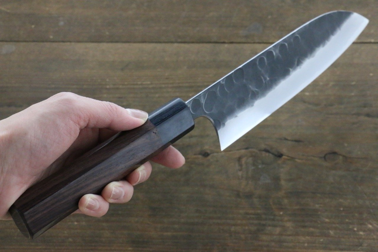 Seisuke Blue Steel No.2 Hammered Kurouchi Santoku 165mm Shitan Handle - Japanny - Best Japanese Knife
