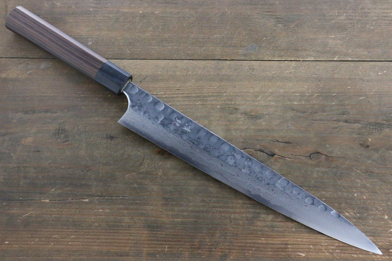 Seisuke Blue Steel No.2 Hammered Damascus Yanagiba 270mm Shitan Handle - Japanny - Best Japanese Knife