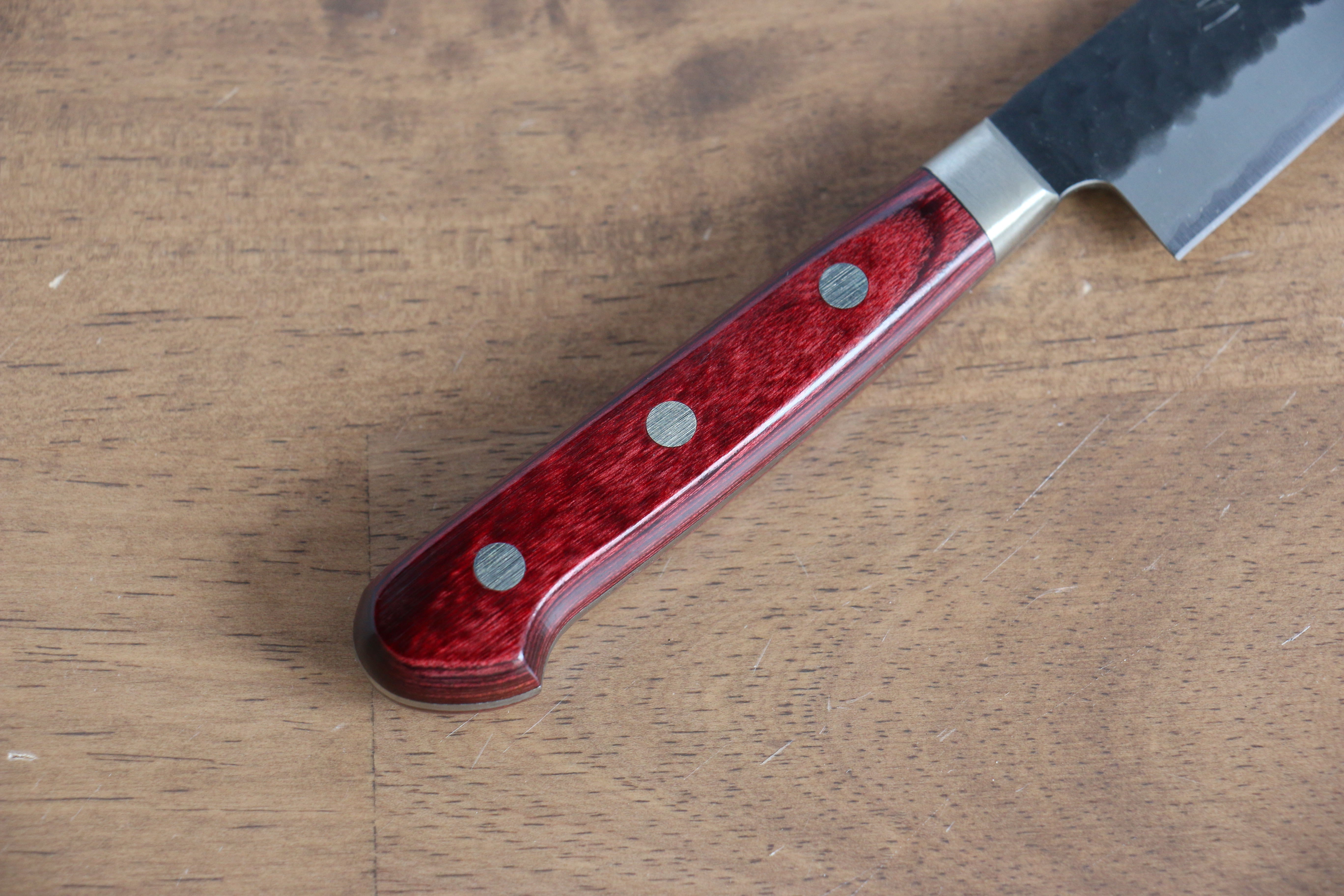 Seisuke Blue Super Hammered Kurouchi Petty-Utility 135mm Red Pakka wood Handle - Japanny - Best Japanese Knife