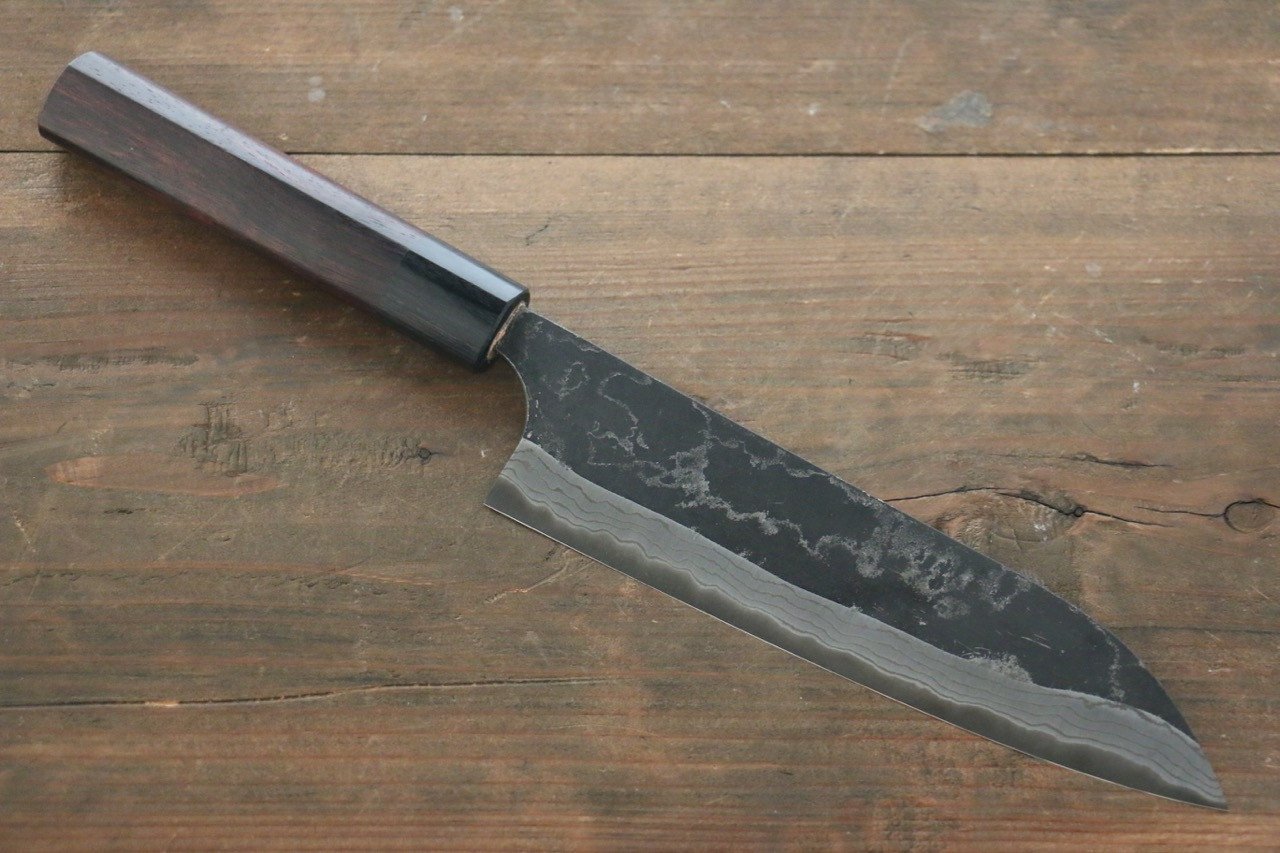 Shungo Ogata White Steel No.2 Kurouchi Damascus Santoku 180mm Shitan Handle - Japanny - Best Japanese Knife