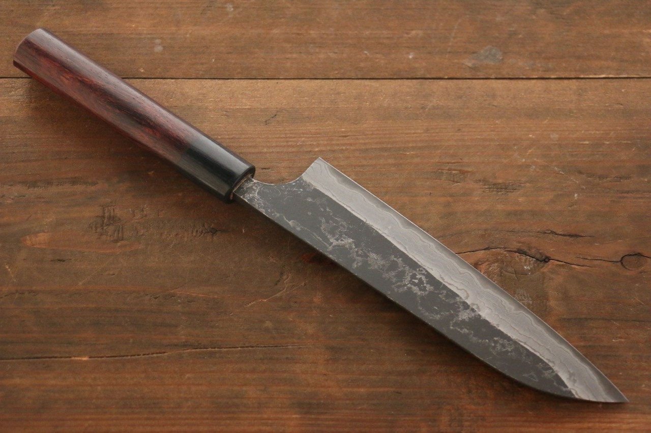 Shungo Ogata White Steel No.2 Kurouchi Damascus Santoku 180mm Shitan Handle - Japanny - Best Japanese Knife