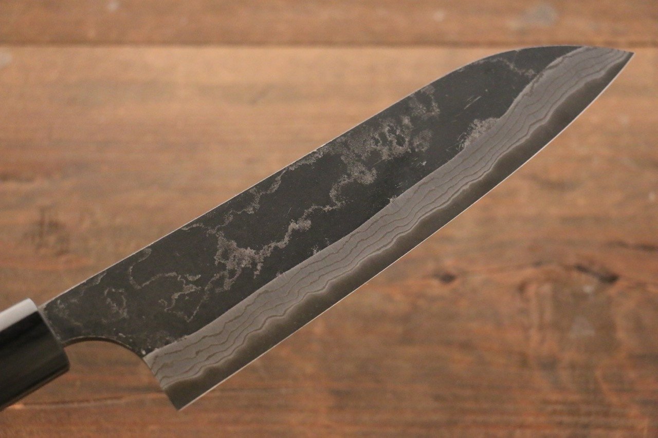Shungo Ogata White Steel No.2 Kurouchi Damascus Santoku 180mm Shitan Handle - Japanny - Best Japanese Knife