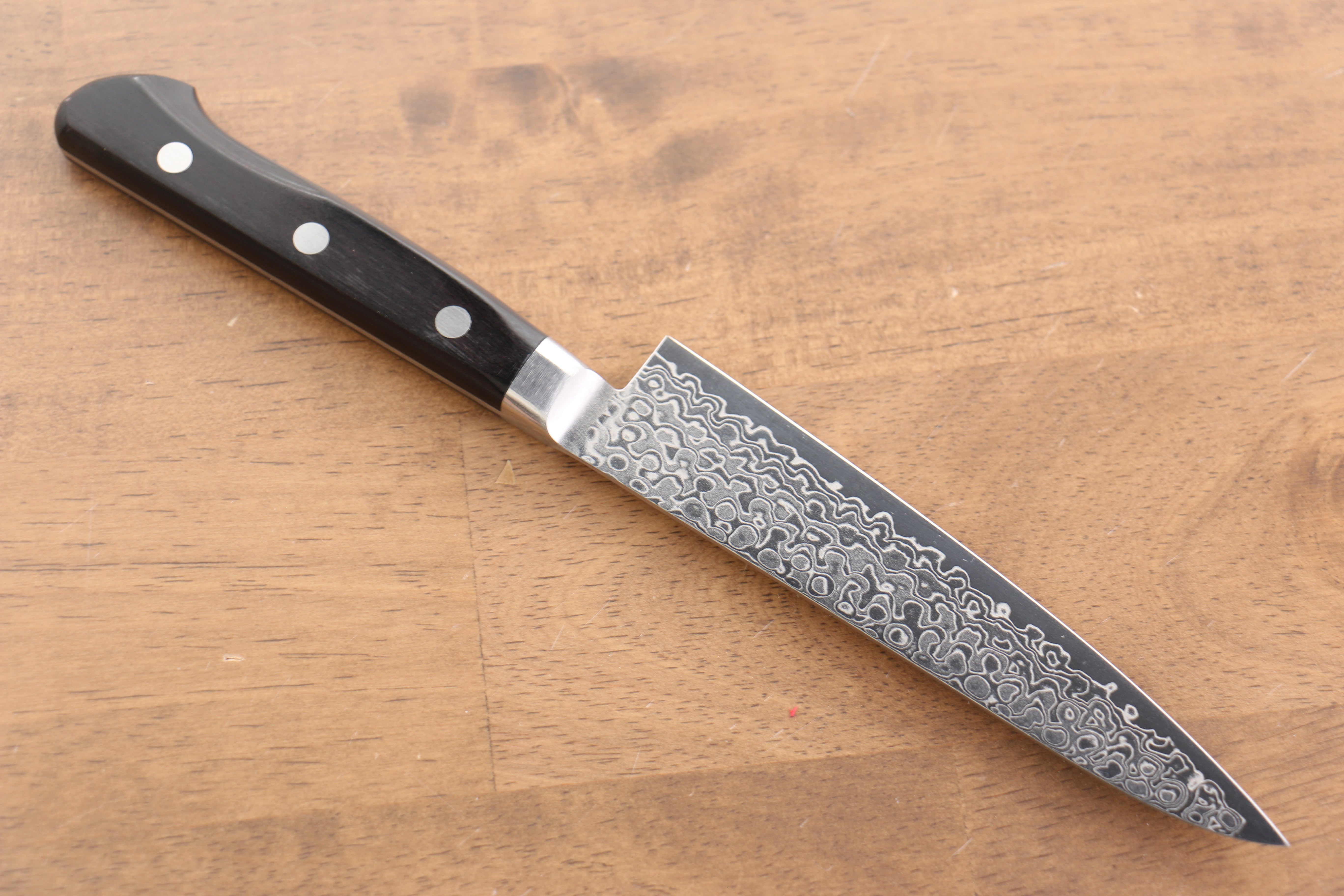 Seisuke Kagami AUS10 Mirrored Finish Damascus 45 Layer Petty-Utility 135mm Black Pakka wood Handle - Japanny - Best Japanese Knife