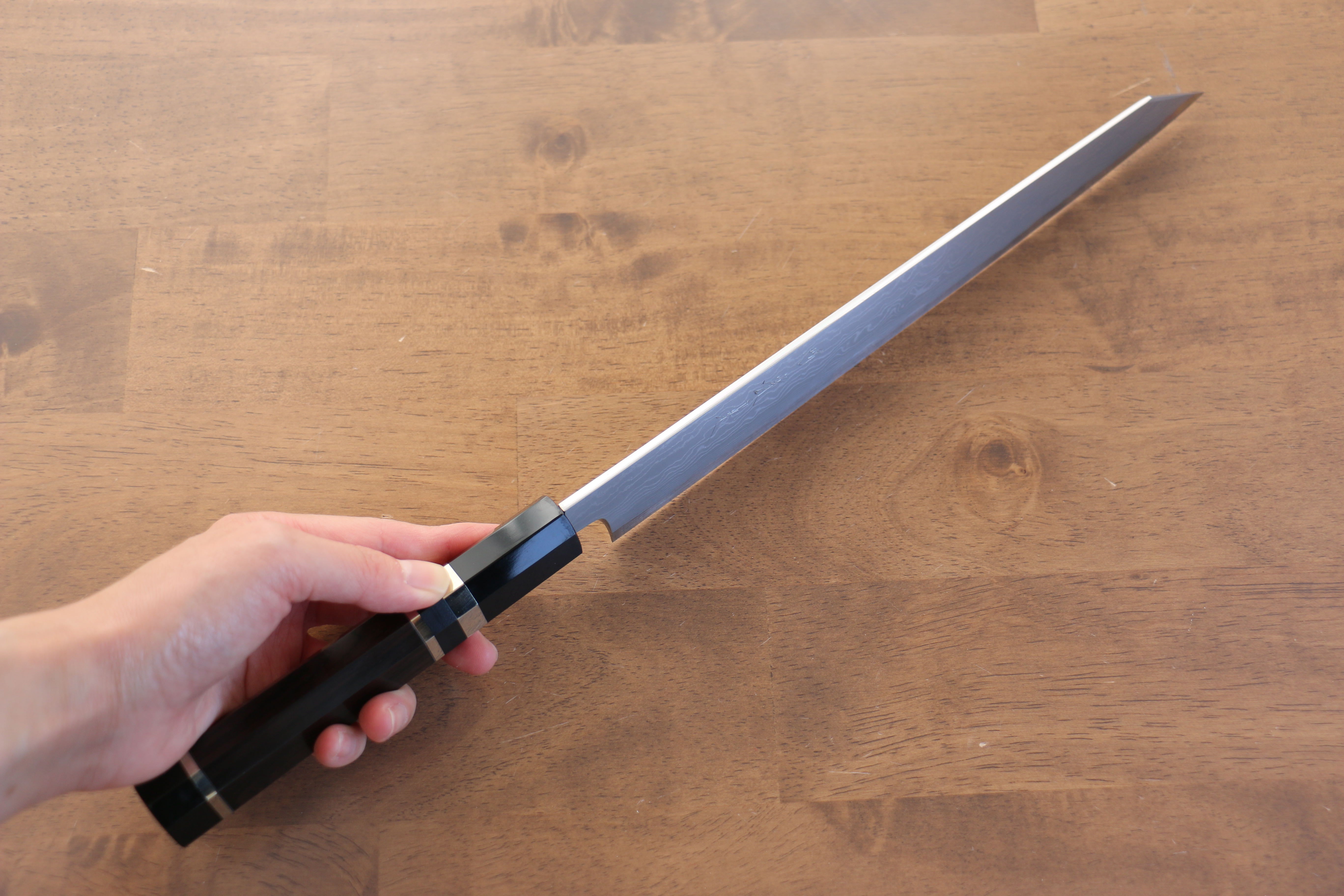 Jikko Blue Steel Damascus Kiritsuke Sujihiki 270mm Ebony with Double Ring Handle - Japanny - Best Japanese Knife