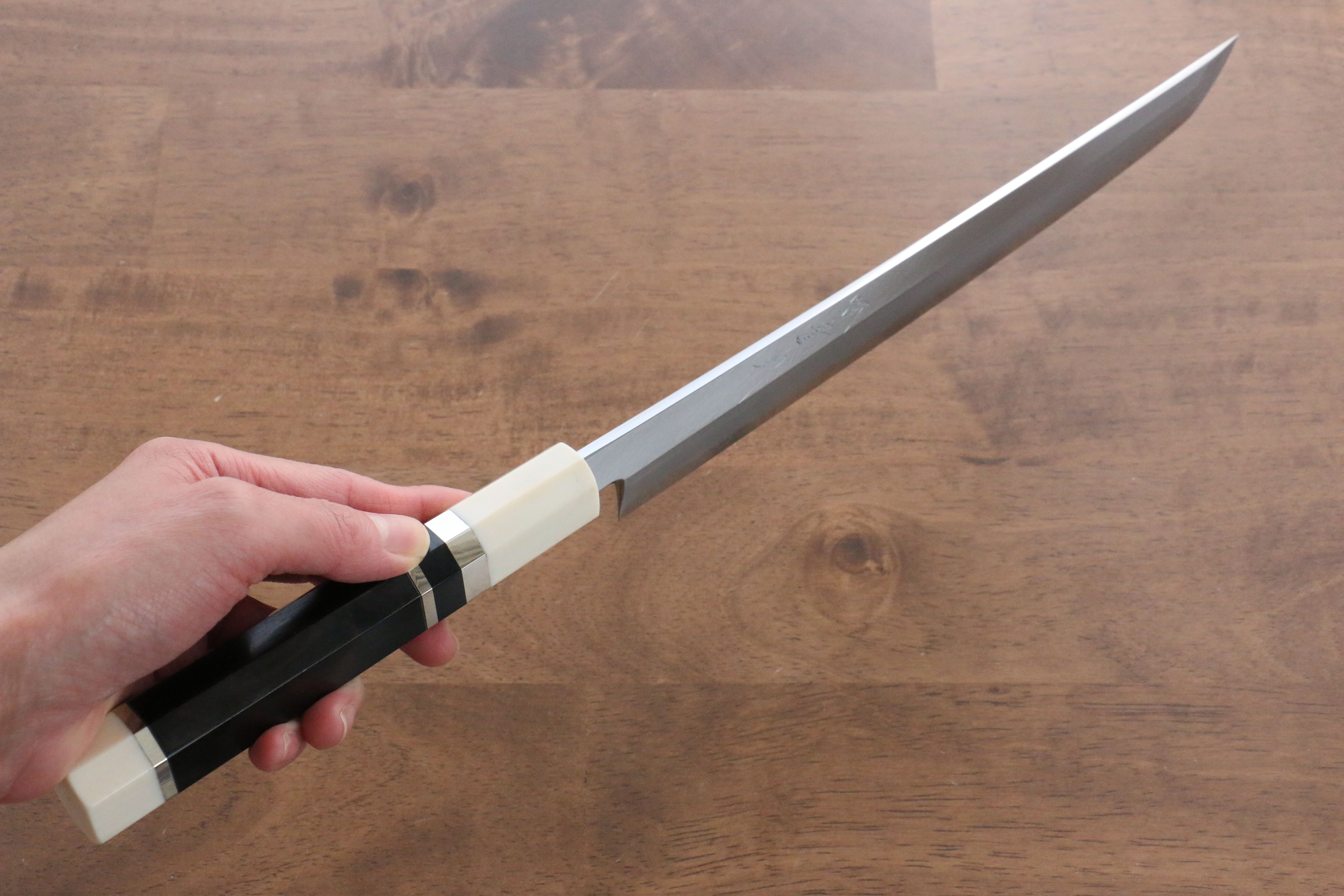 Jikko Shiko Blue Steel Sakimaru Yanagiba 270mm Ebony with Double Ring Handle - Japanny - Best Japanese Knife