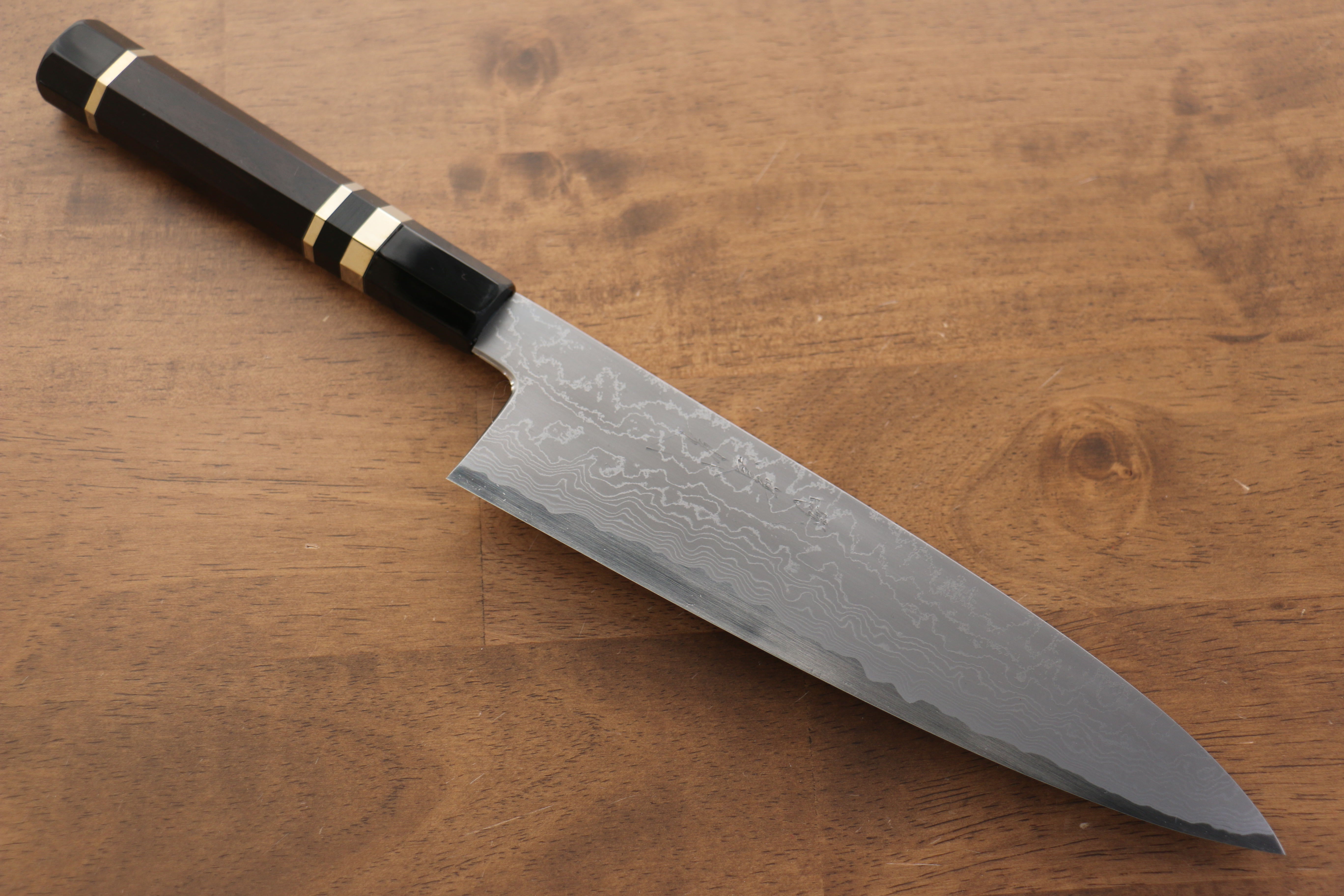 Jikko Blue Steel Damascus Gyuto 210mm Ebony with Double Ring Handle - Japanny - Best Japanese Knife