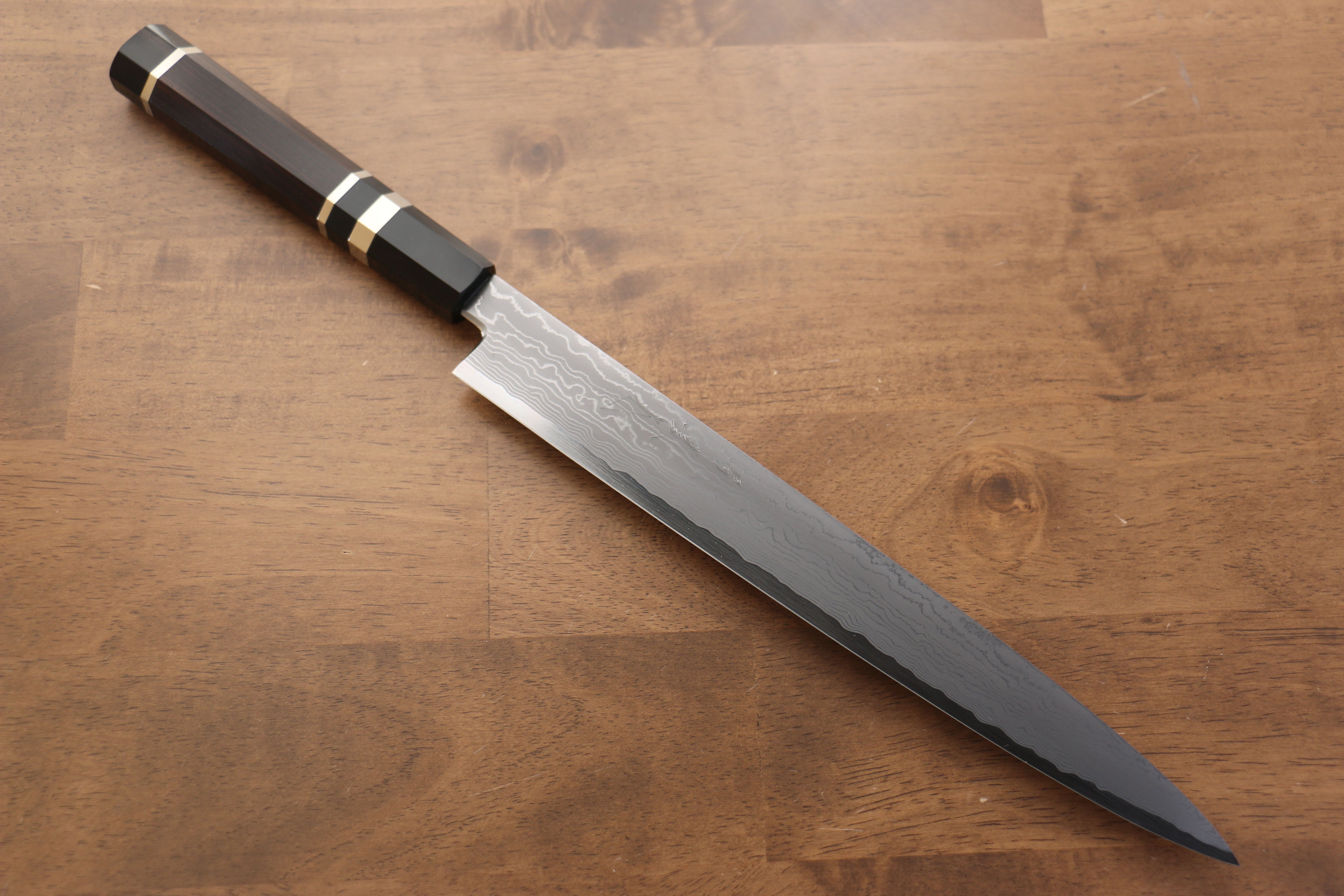 Jikko Blue Steel Damascus Sujihiki 270mm Ebony with Double Ring Handle - Japanny - Best Japanese Knife