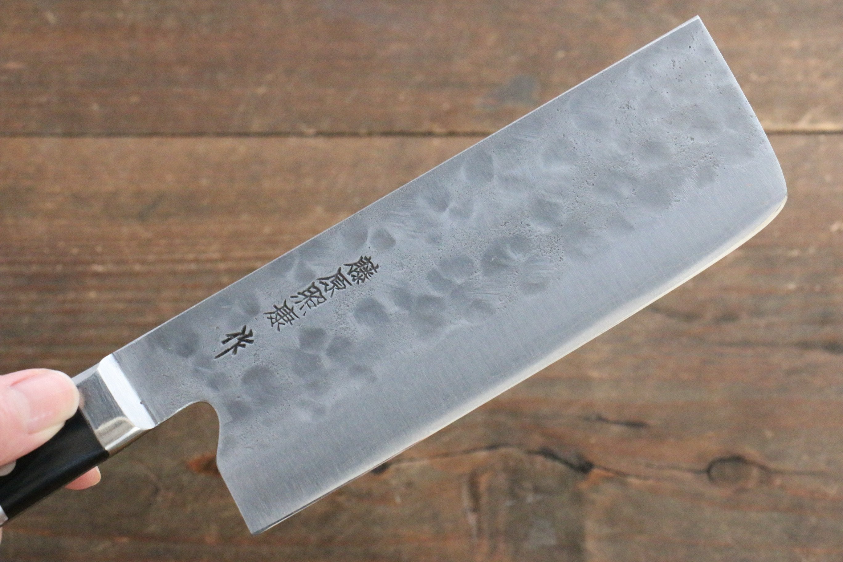 Fujiwara Teruyasu Maboroshi White Steel No.1 Nashiji Hammered Nakiri 150mm with Black Pakka wood Handle - Japanny - Best Japanese Knife