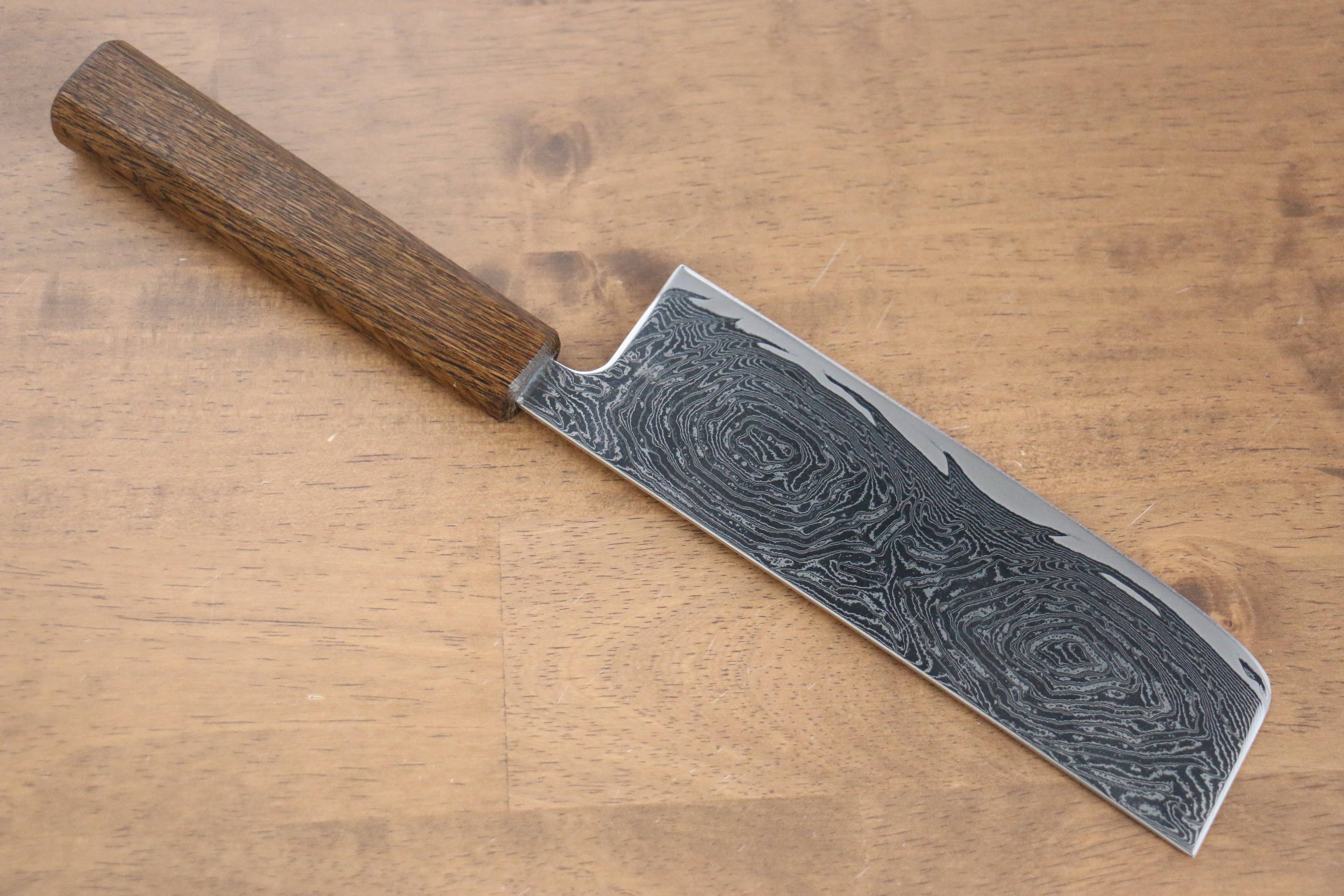 Seisuke Nami AUS10 Mirrored Finish Damascus Nakiri 170mm Oak Handle - Japanny - Best Japanese Knife
