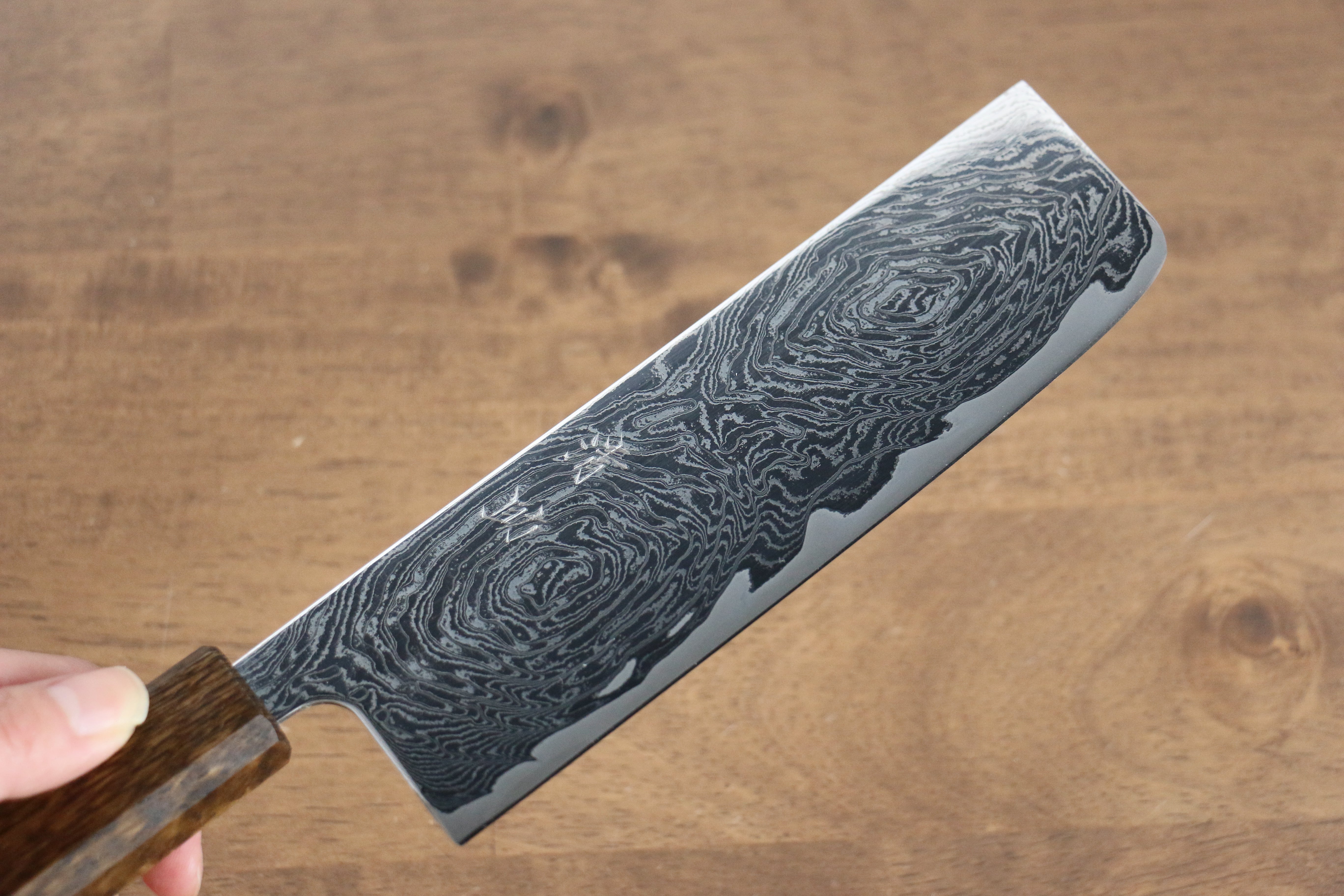 Seisuke Nami AUS10 Mirrored Finish Damascus Nakiri 170mm Oak Handle - Japanny - Best Japanese Knife