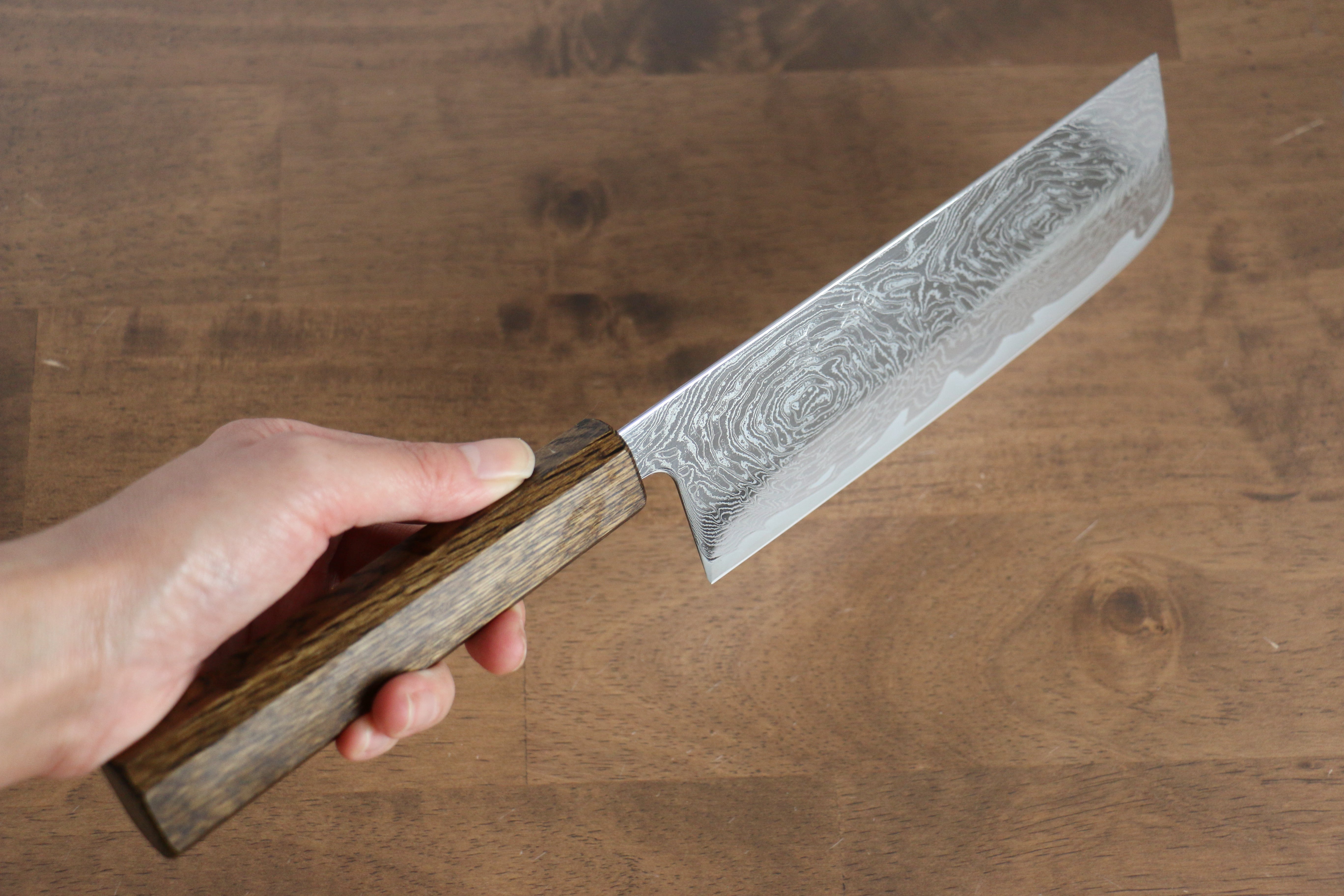 Seisuke Nami AUS10 Mirrored Finish Damascus Nakiri 170mm Oak Handle - Japanny - Best Japanese Knife