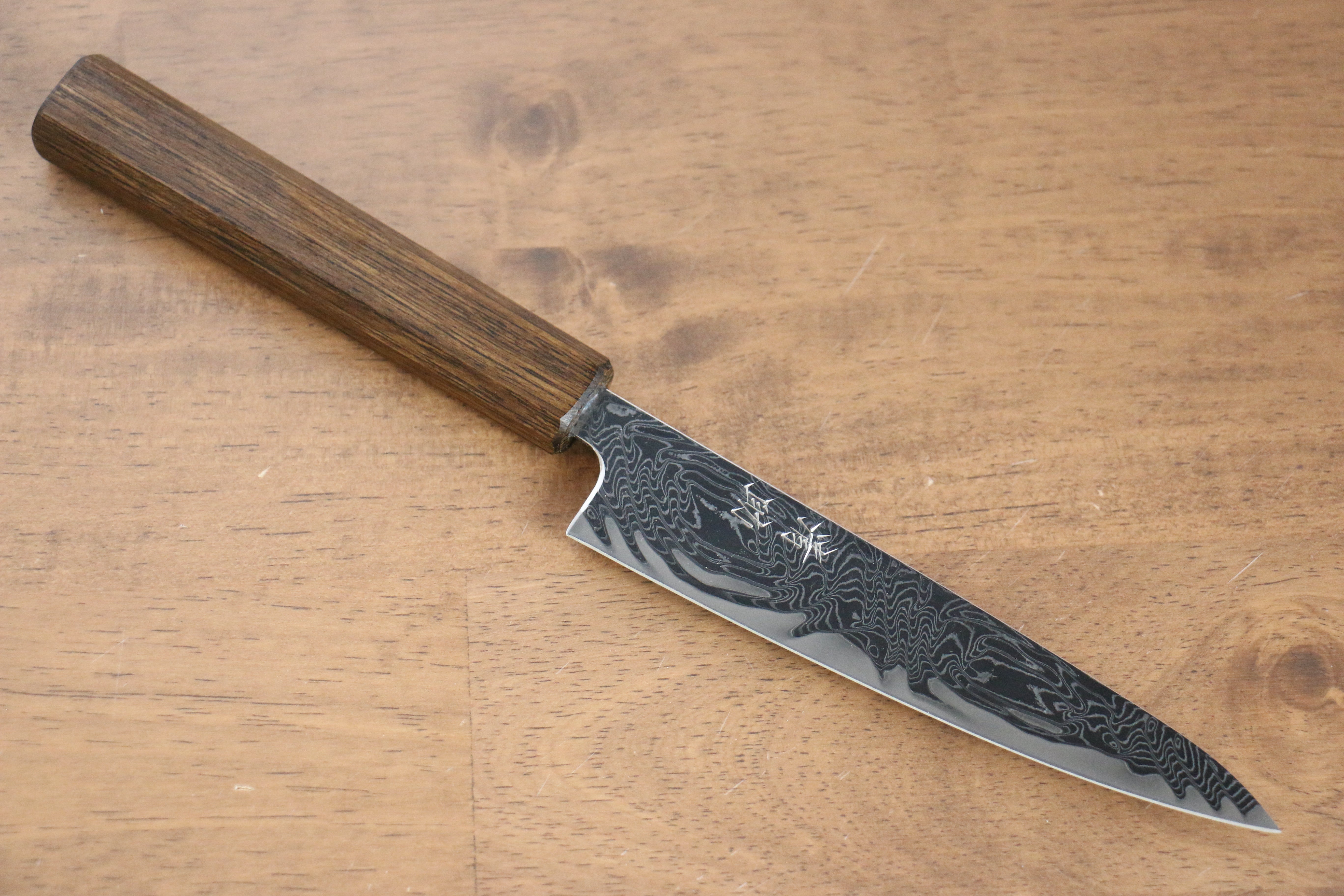 Seisuke Nami AUS10 Mirrored Finish Damascus Petty-Utility 135mm Oak Handle - Japanny - Best Japanese Knife