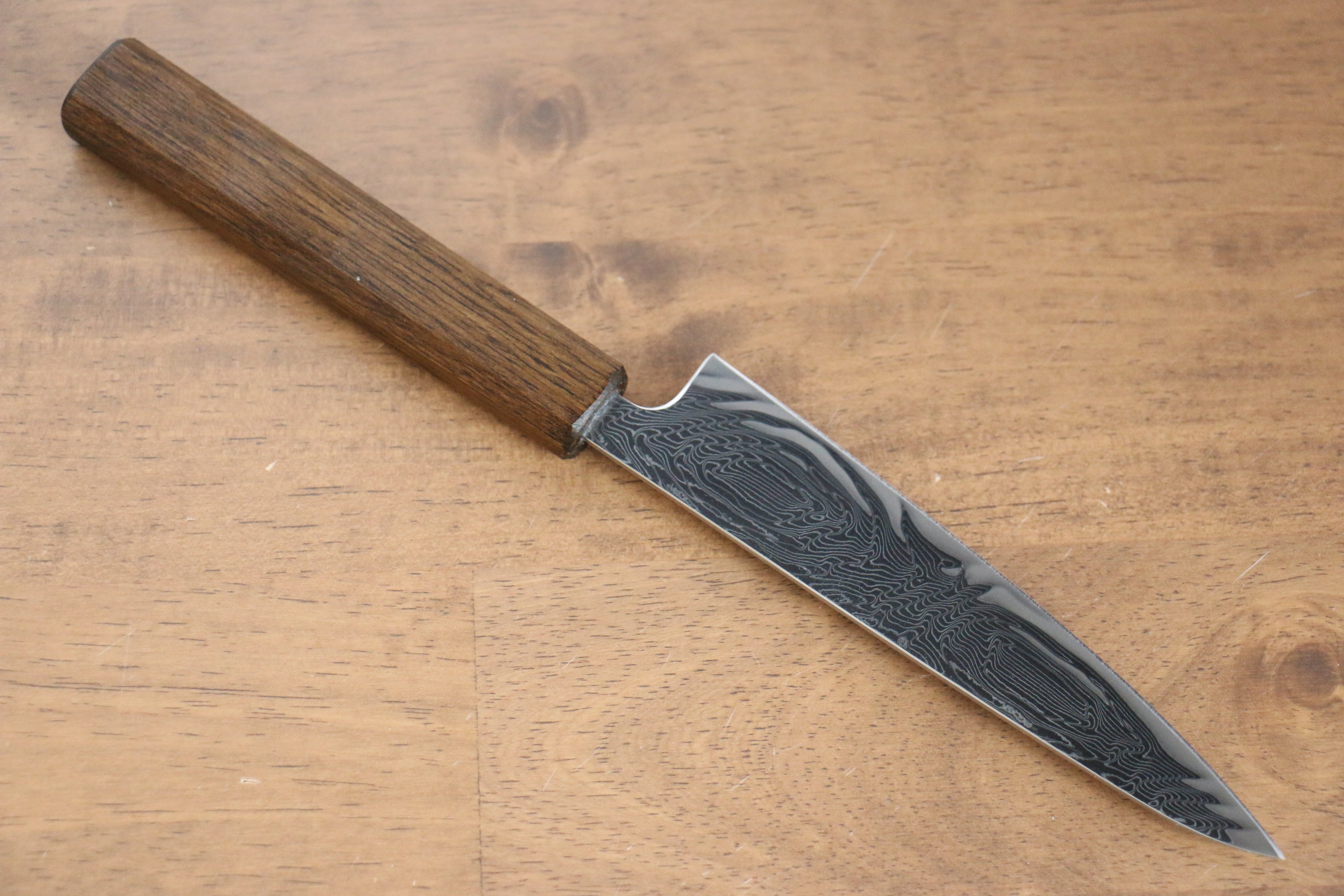 Seisuke Nami AUS10 Mirrored Finish Damascus Petty-Utility 135mm Oak Handle - Japanny - Best Japanese Knife